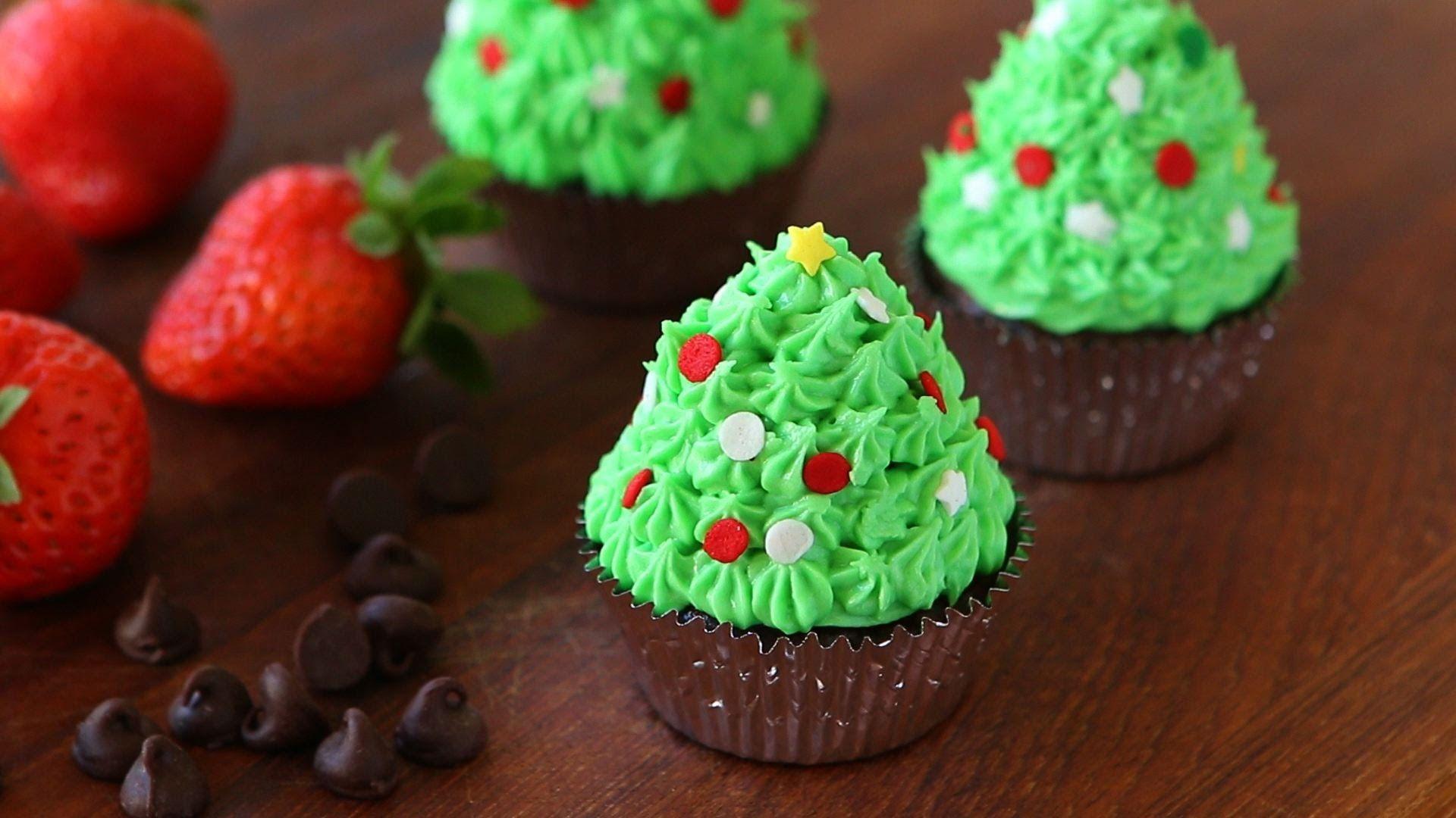 1920x1080 Christmas tree cupcakes recipe with chocolate and strawberries