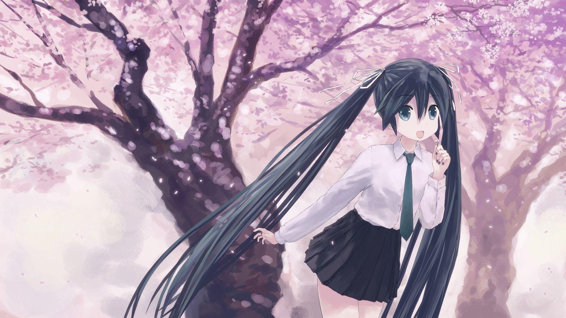1920x1080 Wallpaper Happy anime girl, long hair, sakura, spring 1920x1080