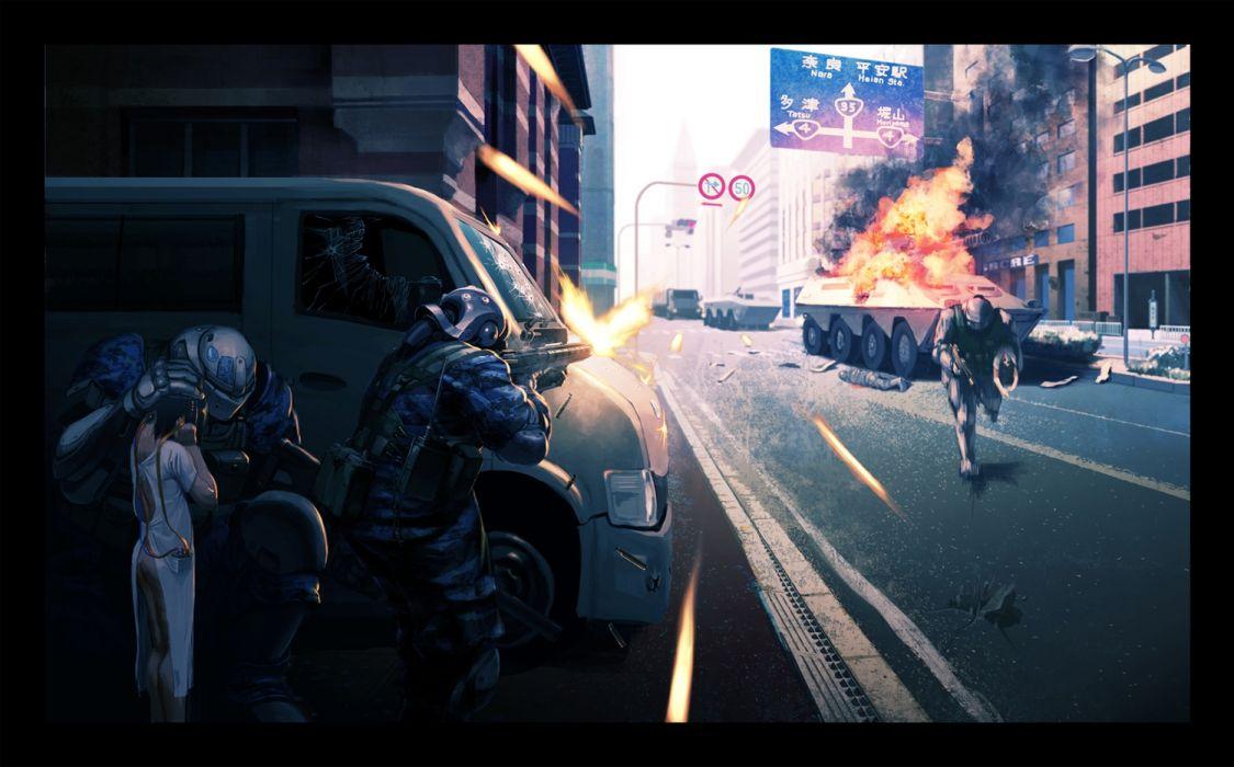 1125x700 Original anime weapons battle girl roads military wallpaper