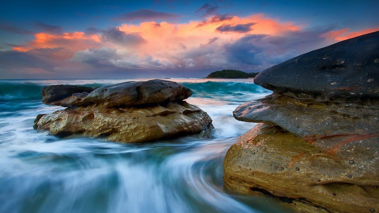 1245x700 Clouds landscapes nature beach rocks shore hdr photography