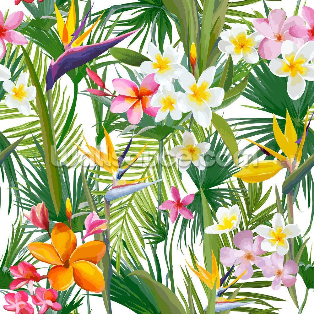 1000x1000 Tropical Palm Leaves and Flowers Wallpaper Mural