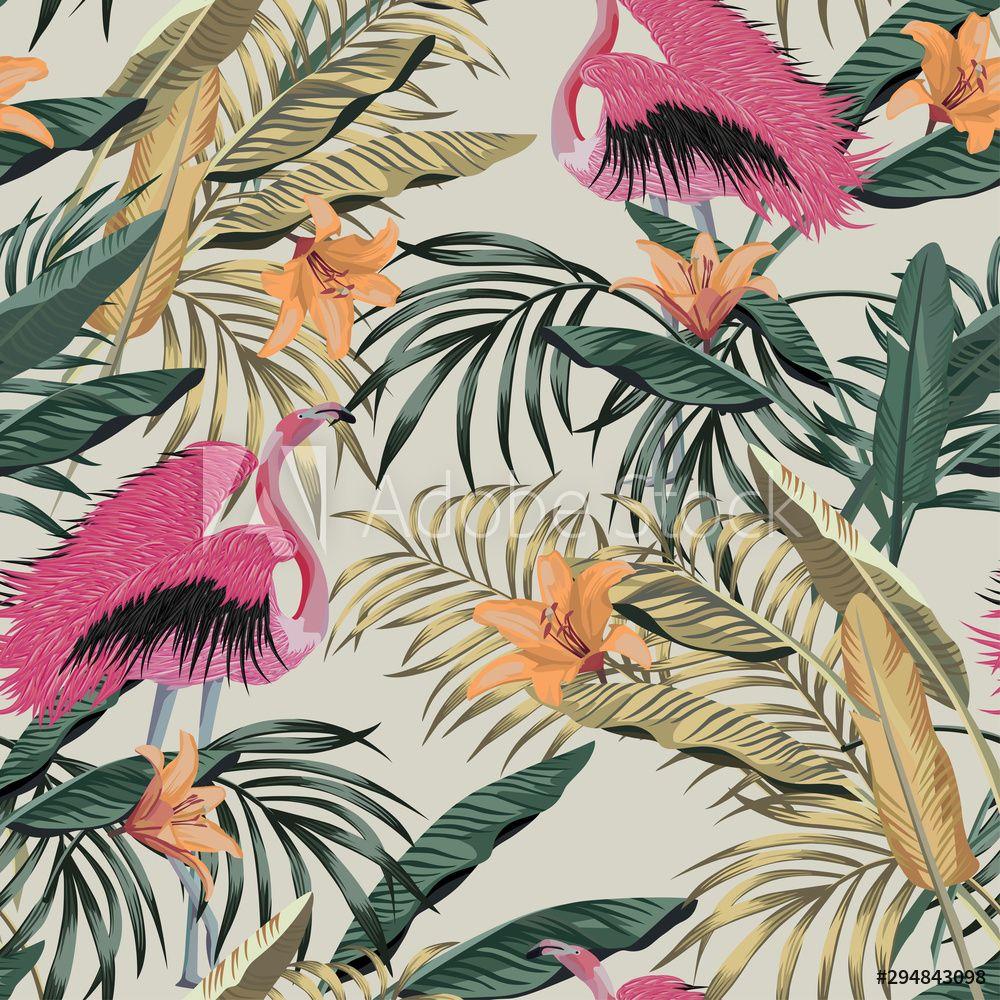 1000x1000 Poster Exotic jungle illustration tropical plants pink flamingo