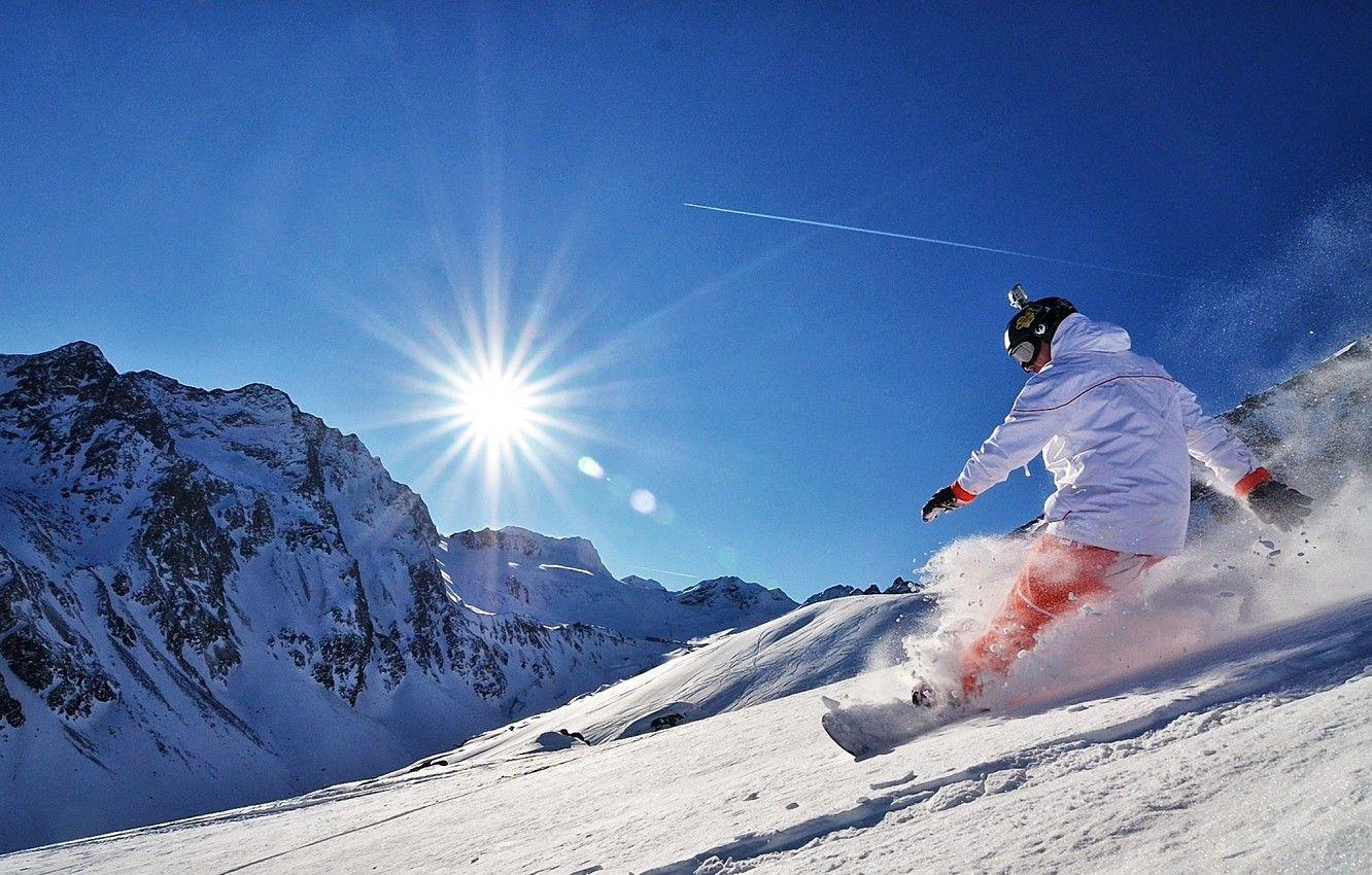 1332x850 Wallpaper the sun, snow, mountains, Snowboard, snowboard