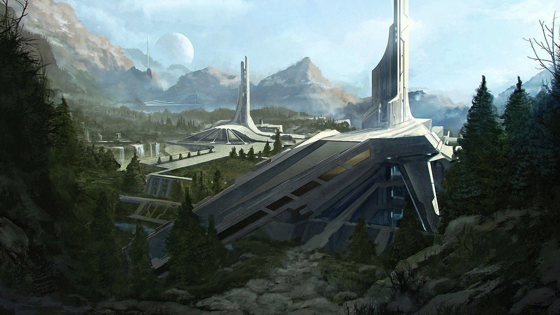 1920x1080 trees, cityscapes, futuristic, forest, architecture, fantasy art