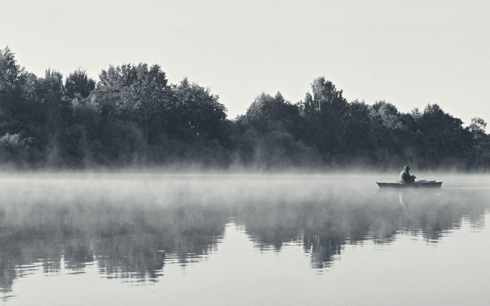 1680x1050 Download wallpaper 1680x1050 fisherman, fog, morning, river, black