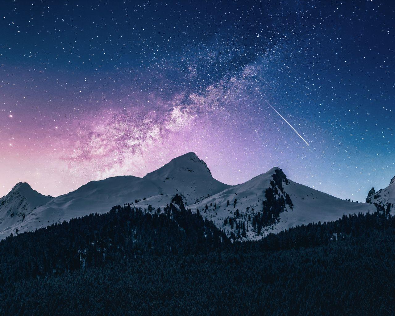 1280x1024 Download Mountains range, colorful sky, night, milky way wallpaper