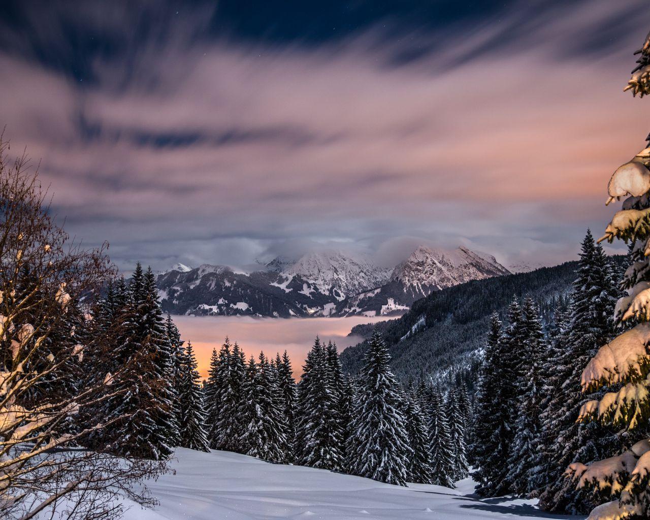 1280x1024 Download wallpaper 1280x1024 winter, mountains, snow, trees