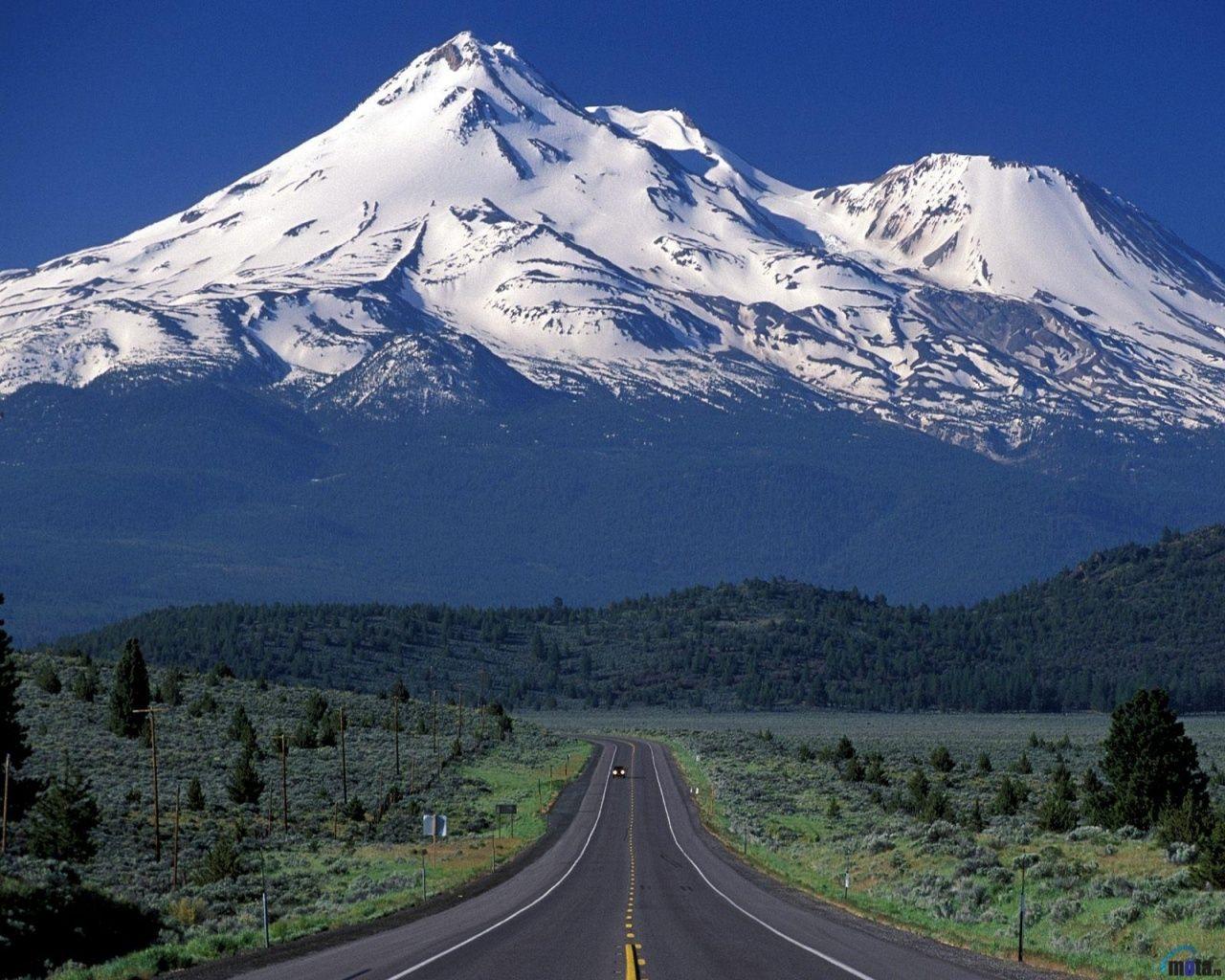 1280x1024 Snow Mountains Sky Forest Road desktop PC and Mac wallpaper