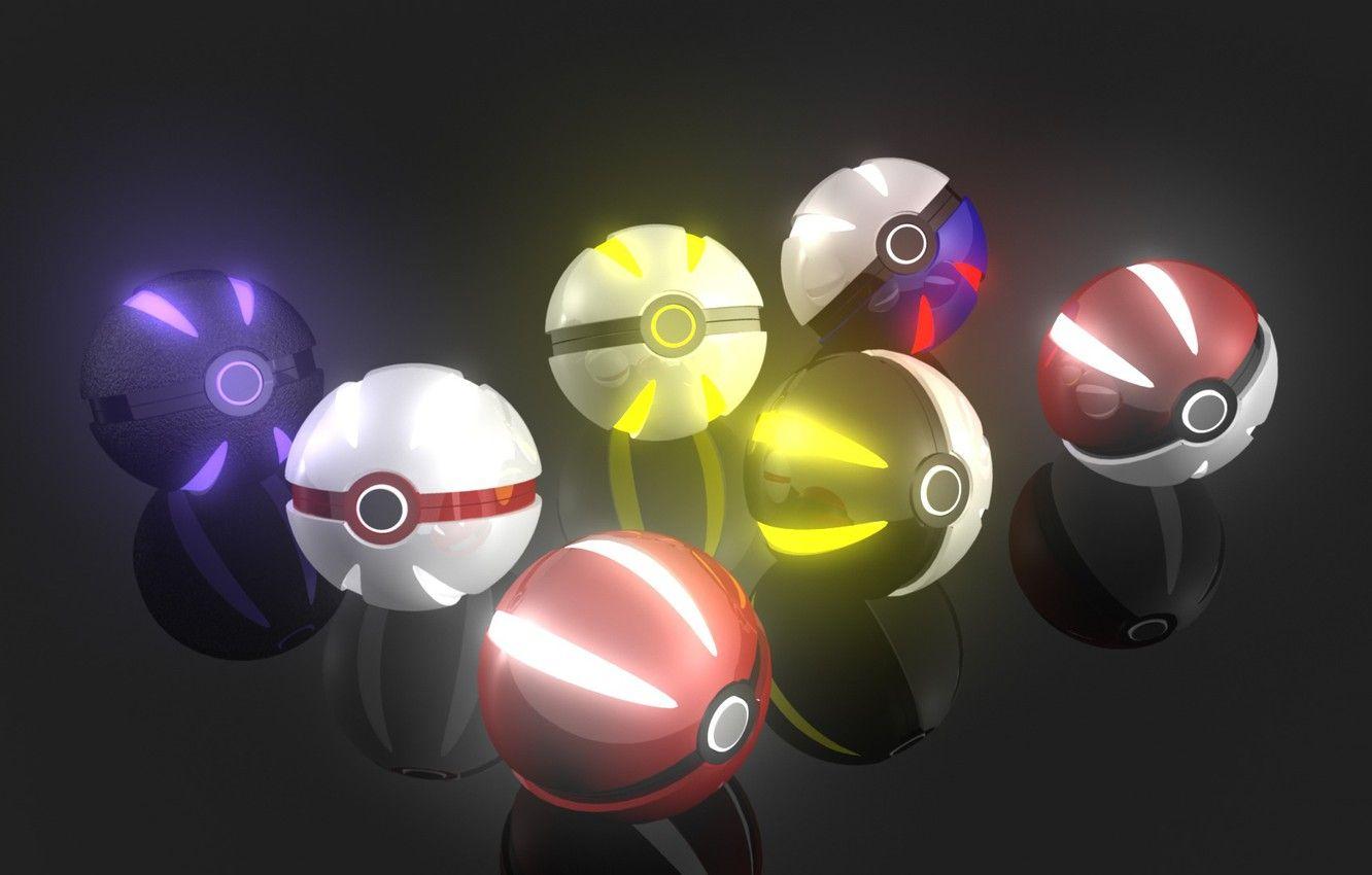 1332x850 Wallpaper white, purple, blue, red, black, glow, pokeball, Pokebol, mirrored table image for desktop, section разное