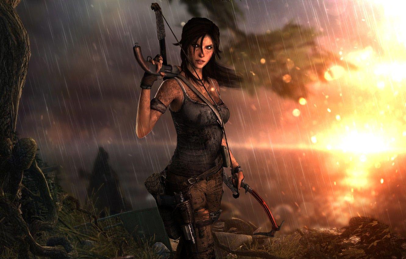 1332x850 Wallpaper Girl, Rain, Dirt, Bow, Weapons, Square Enix, Game, Lara