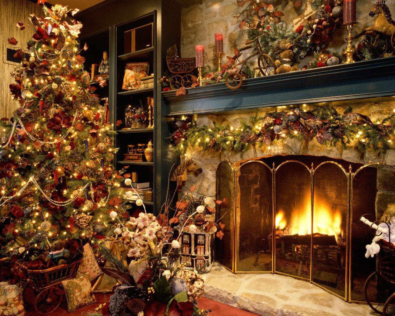 1280x1024 Tree by the fireplace on Christmas Desktop wallpaper 1280x1024