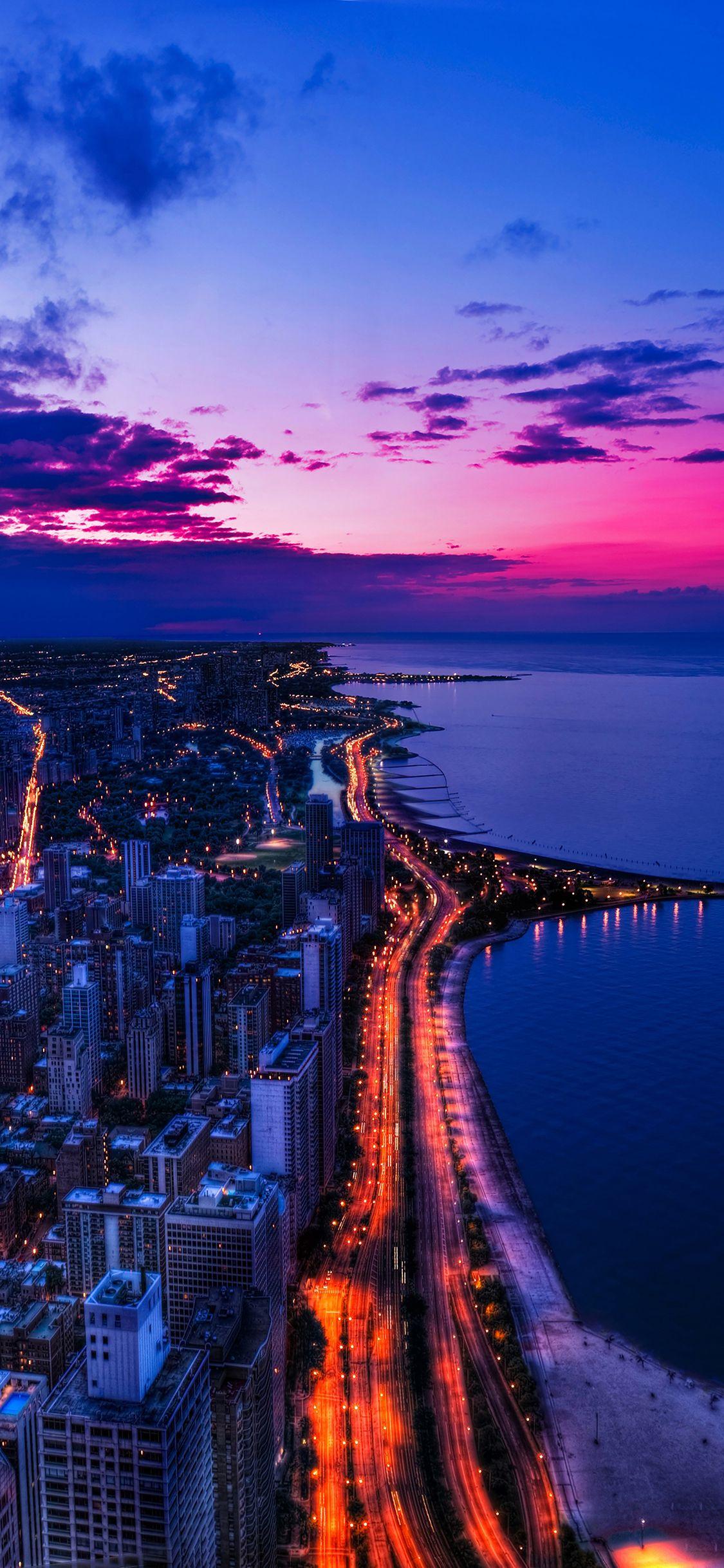 1125x2436 Chicago City Night Sky View Scape Ocean Beach