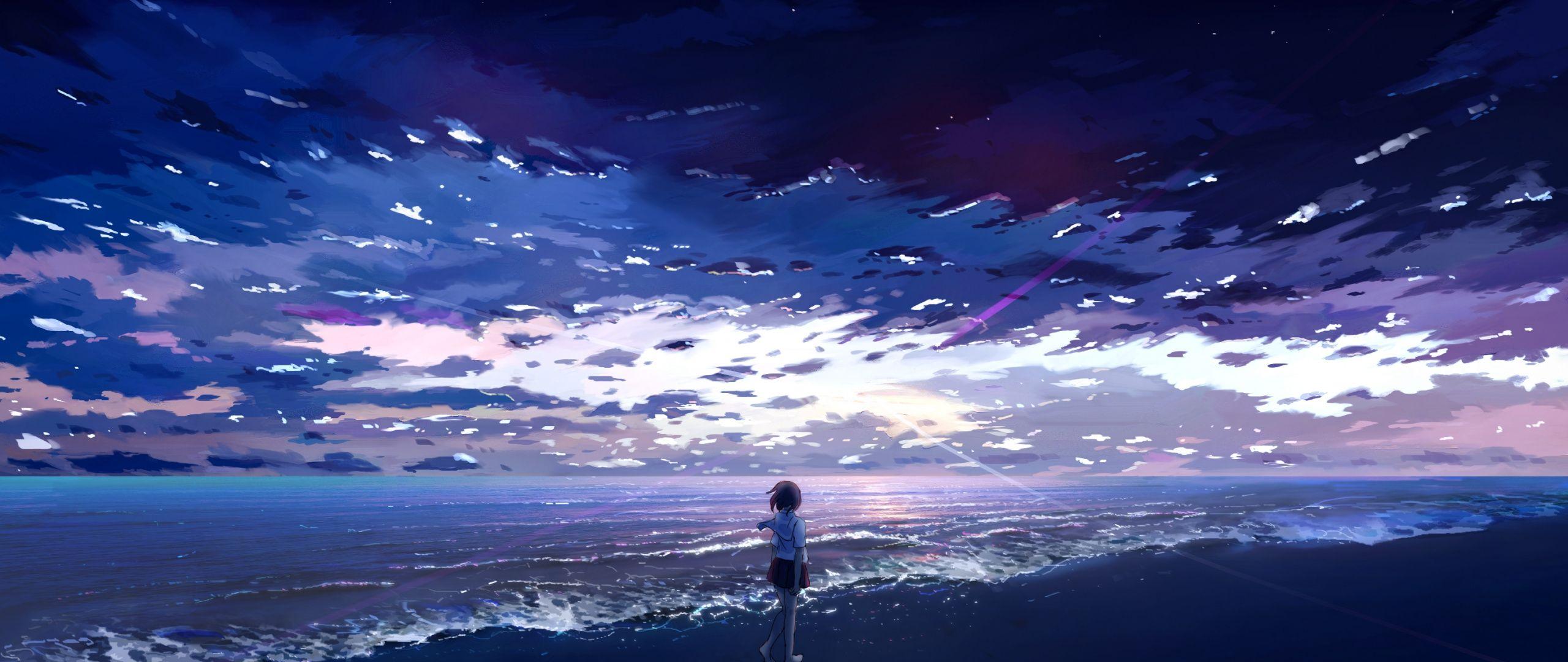 2560x1080 Download Anime girl, seashore, beach, art wallpaper, 2560x1080
