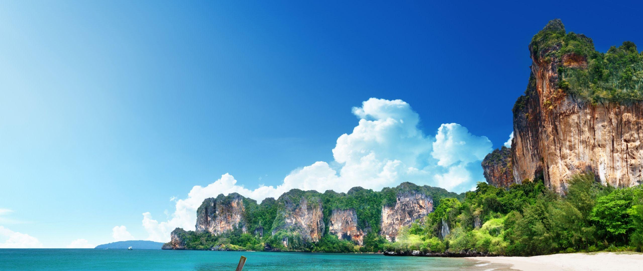 2560x1080 Download Thailand, 5k, 4k wallpaper, 8k, beach, shore, boat, rocks