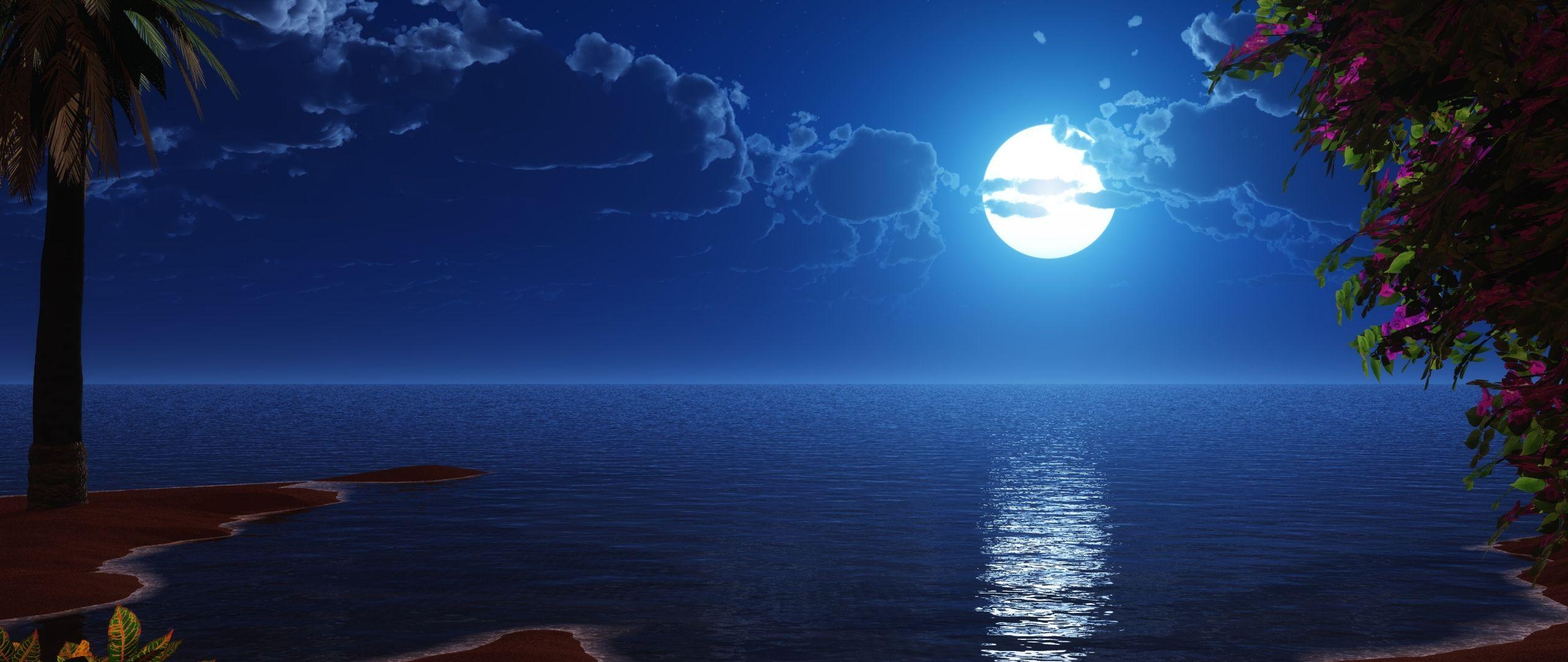 2560x1080 Download 2560x1080 wallpaper tropical beach, coast, full moon