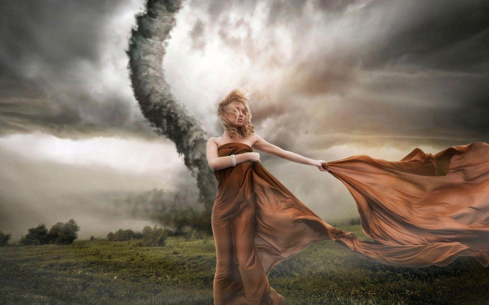1680x1050 Model posing in front of the tornado HD desktop wallpaper