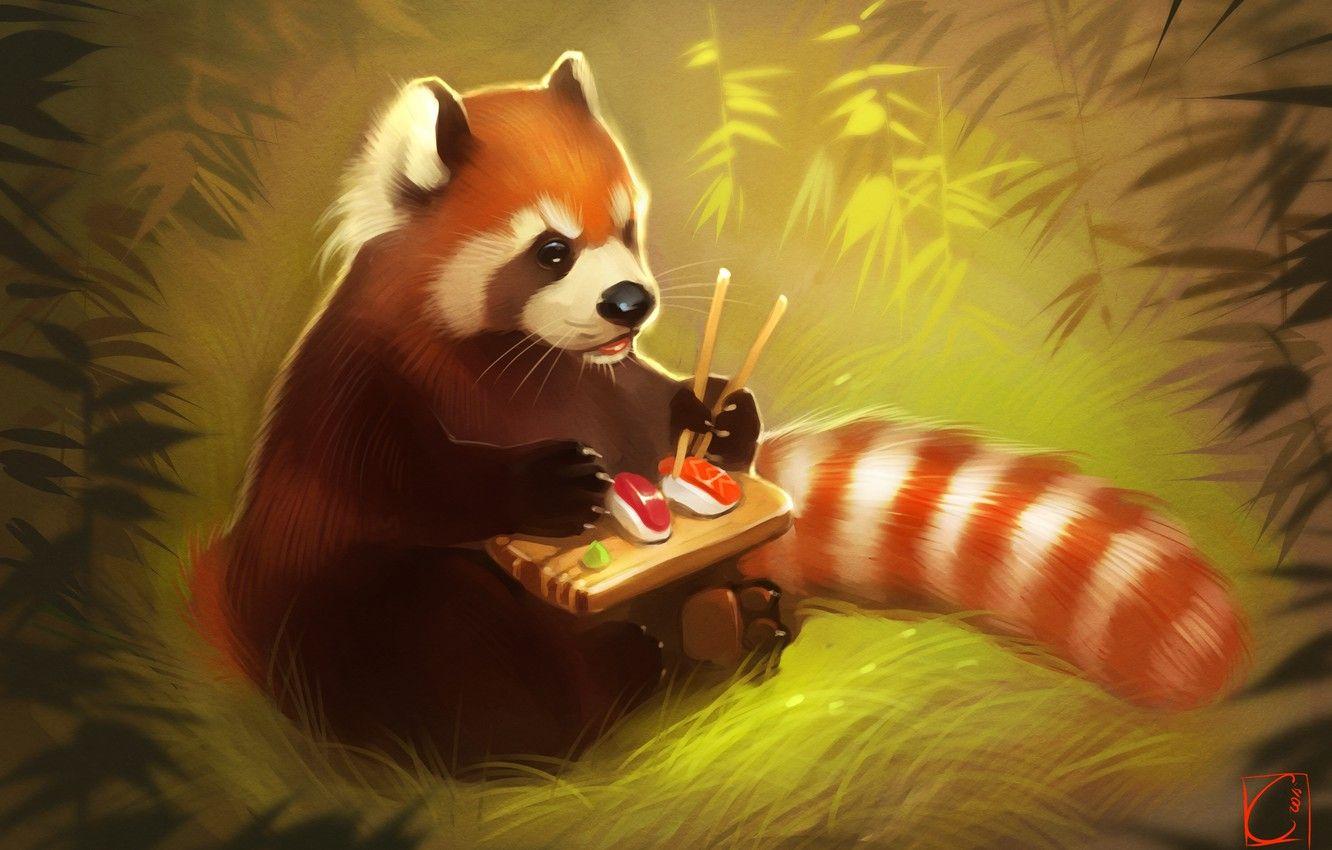 1332x850 Wallpaper bear, art, Panda, sushi, red panda image for desktop