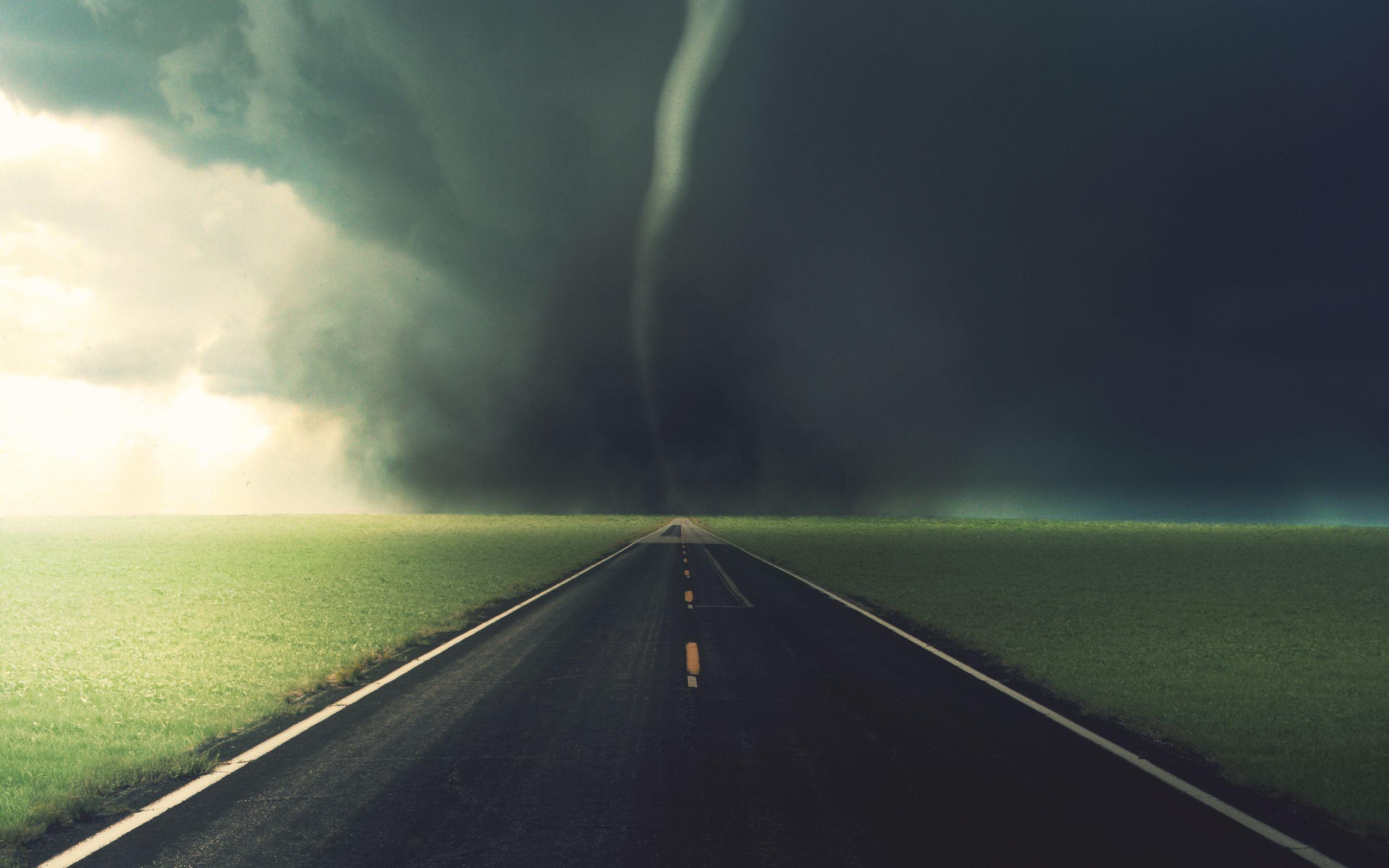 2560x1600 road, grass, tornado wallpaper desktop background