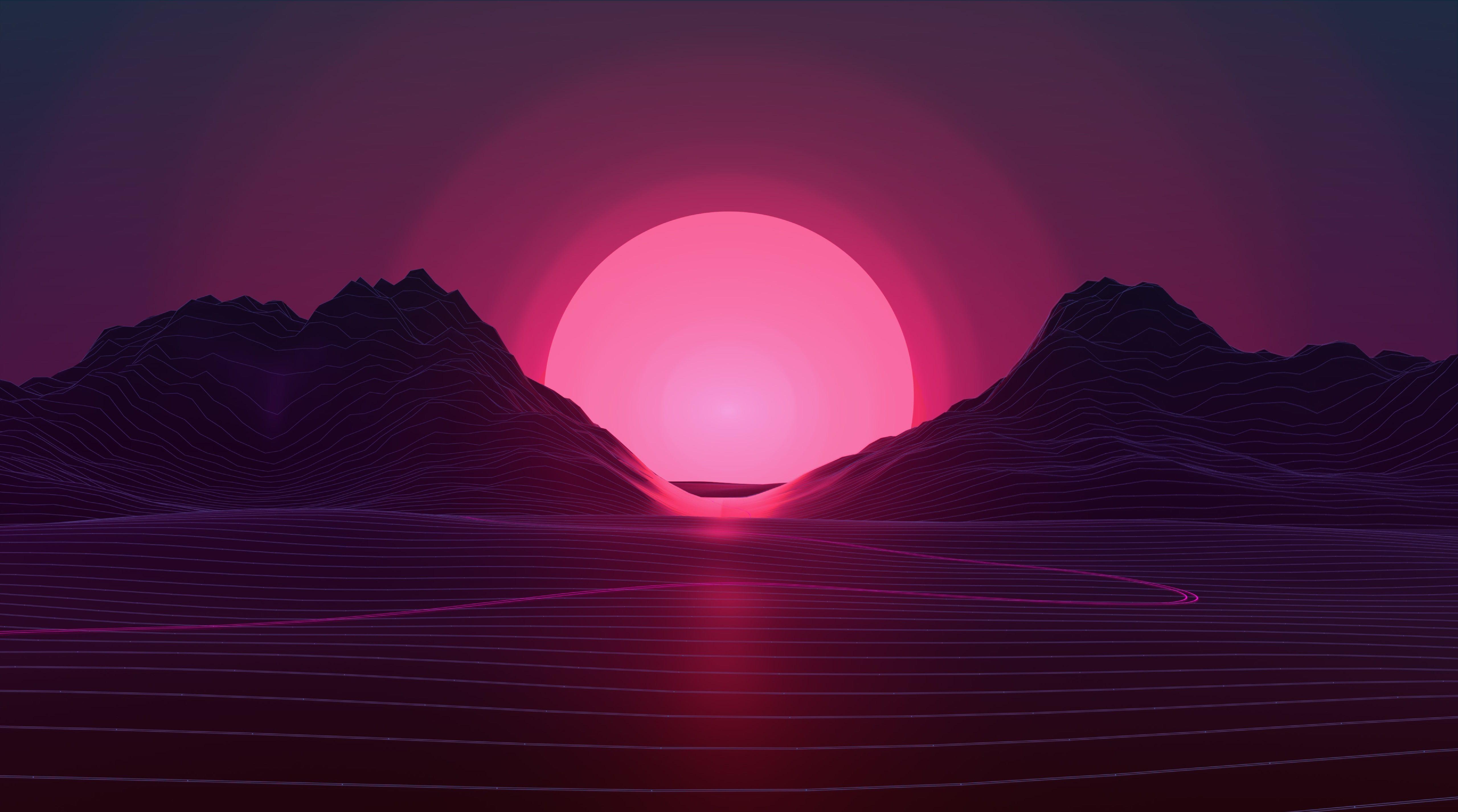 5120x2853 Synthwave Background #Music #Sunrise #Abstract #Sunset #Pink #Artistic #Mountains #Neon #retrostyle #retrow. Vaporwave wallpaper, Neon wallpaper, Sunset wallpaper