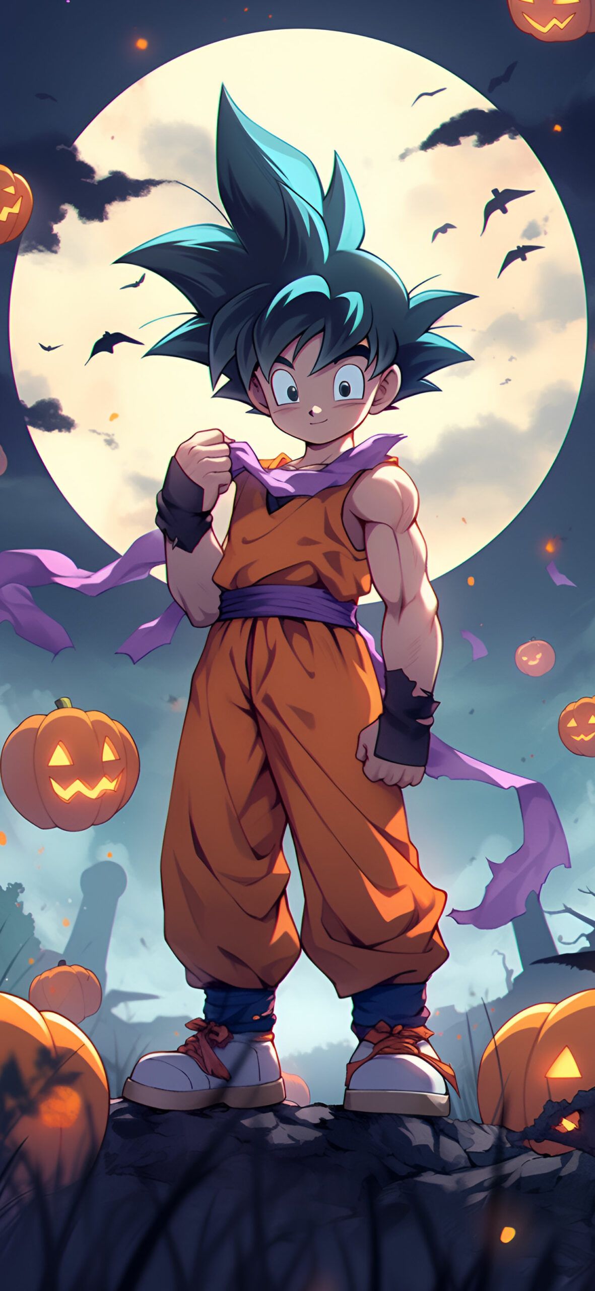 1181x2560 Dragon Ball Kid Goku & Moon Halloween Wallpaper for iPhone 4k