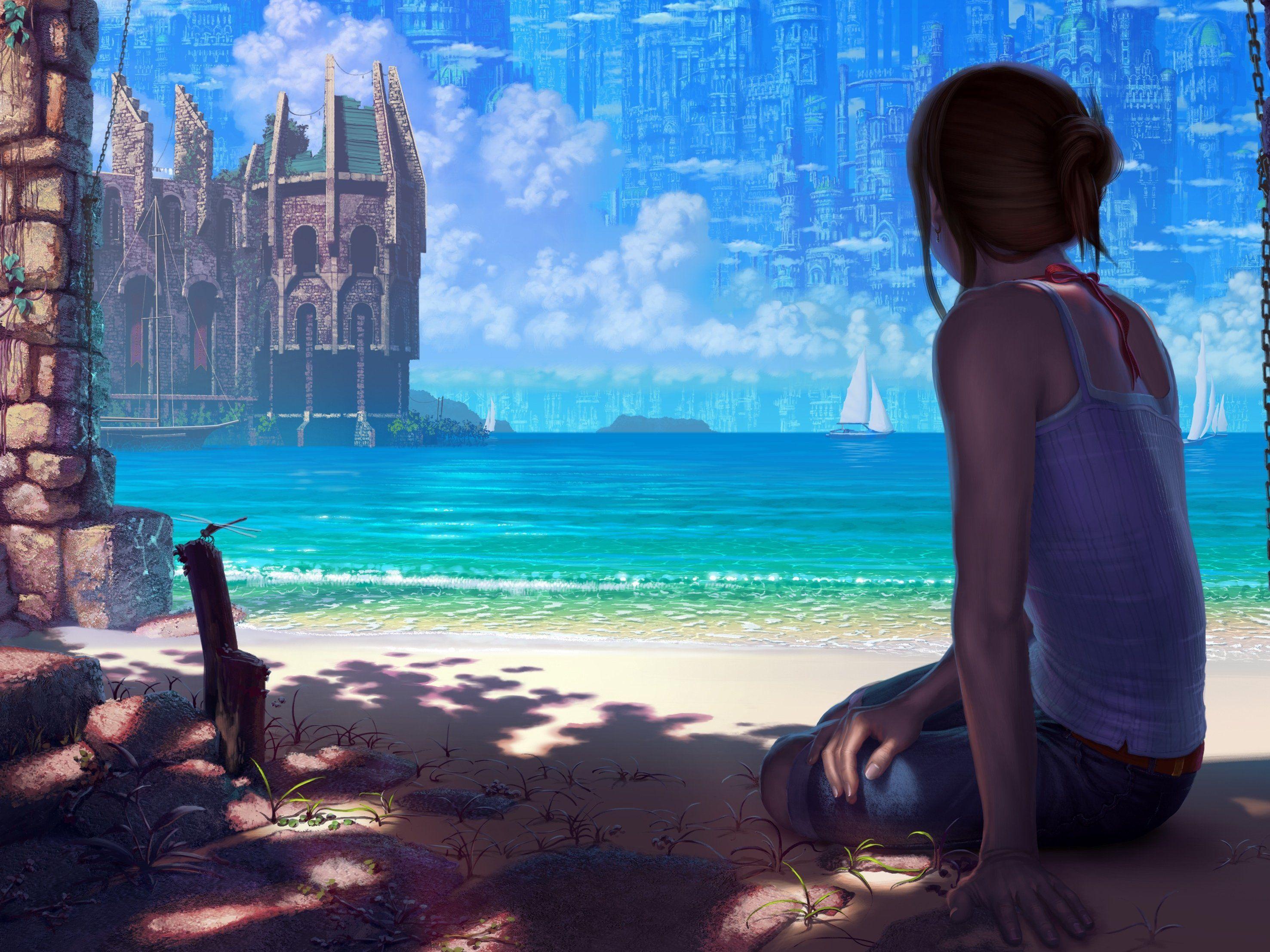 2953x2215 Fantasy sea city beach sun summer wallpaperx2215