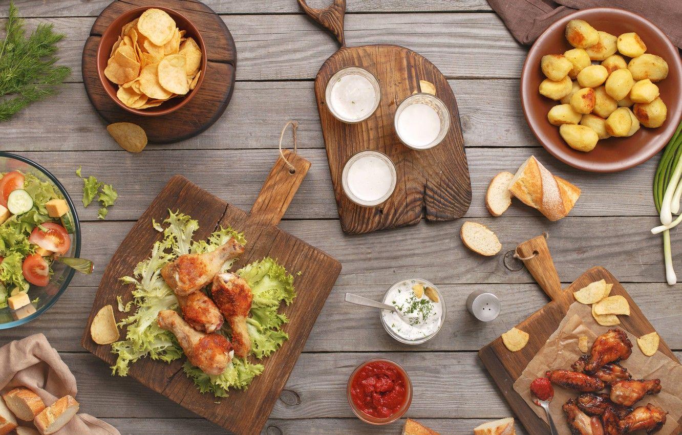 1332x850 Wallpaper food, vegetables, sauce, ketchup, salad, chips, potatoes, cutting Board, grilled chicken image for desktop, section еда