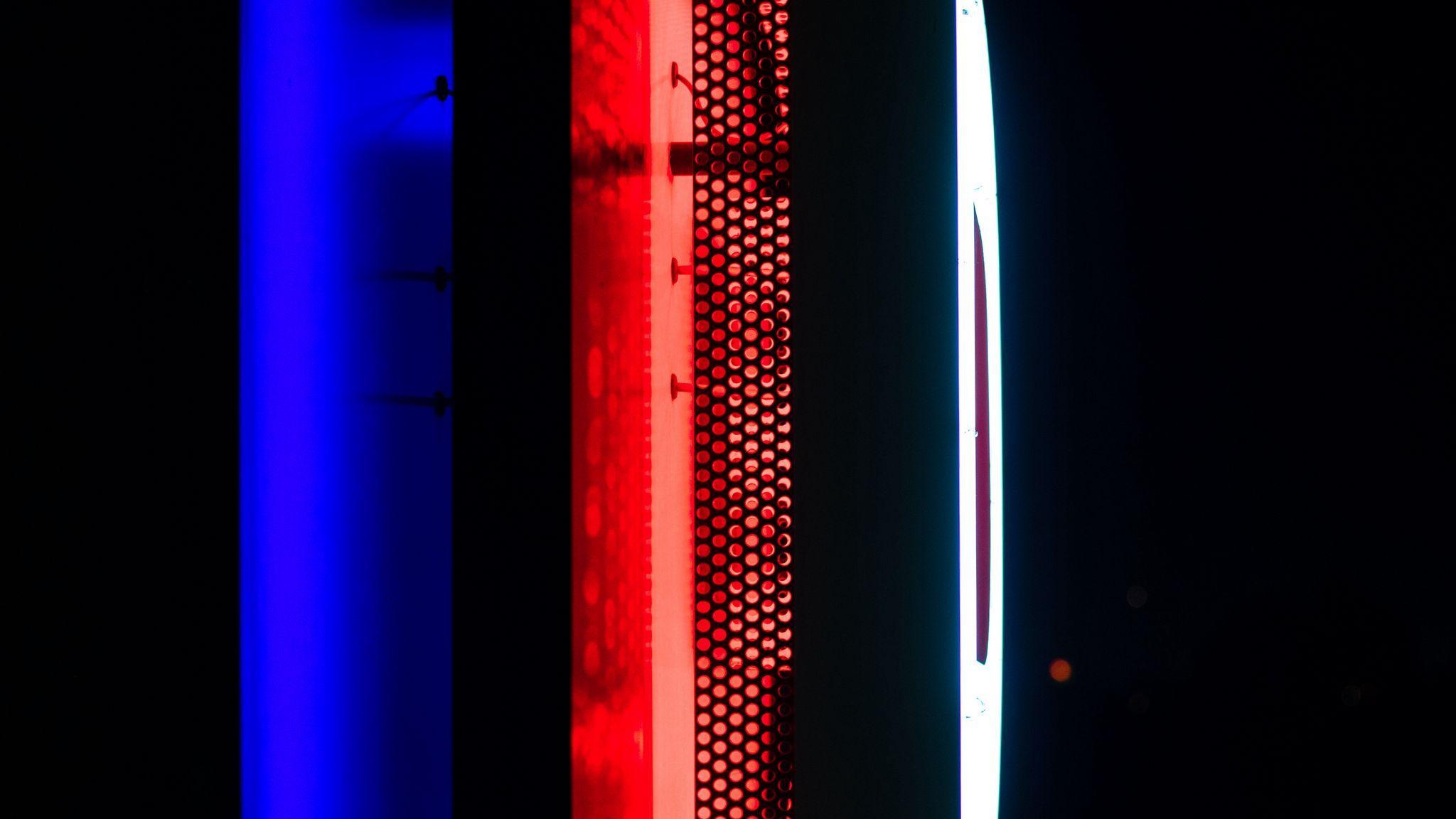 2048x1152 Download wallpaper 2048x1152 neon, backlight, wall, dark, blue