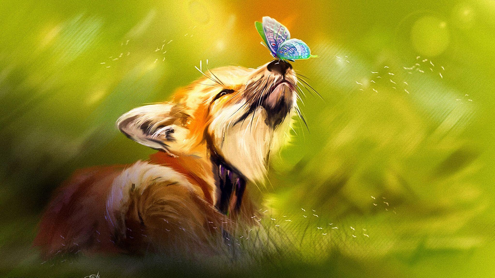 2048x1152 Download wallpaper 2048x1152 fox, butterfly, cute, animal, art