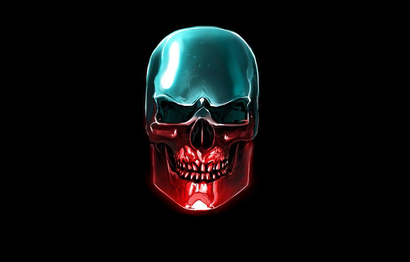 1332x850 Wallpaper blue, red, skull, head, skeleton, black background image for desktop, section минимализм