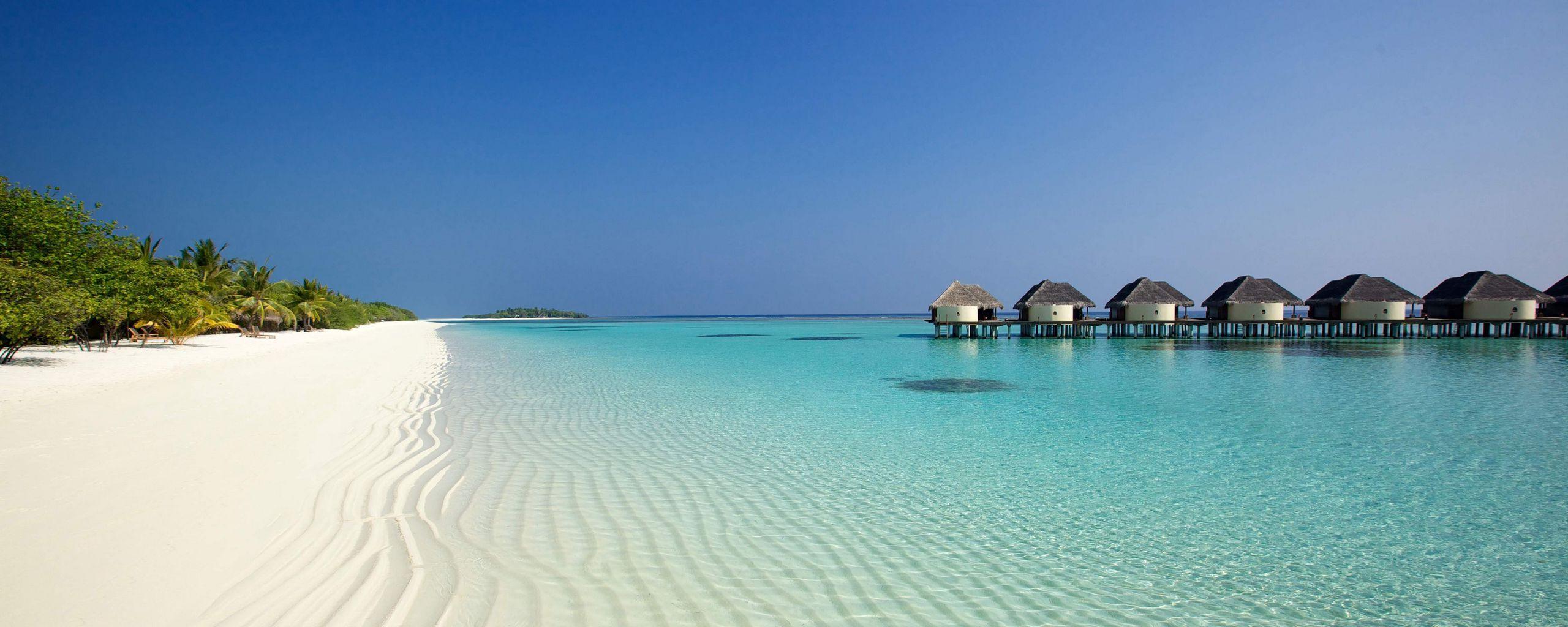 2560x1024 Download wallpaper 2560x1024 beach, ocean, sand, palm trees
