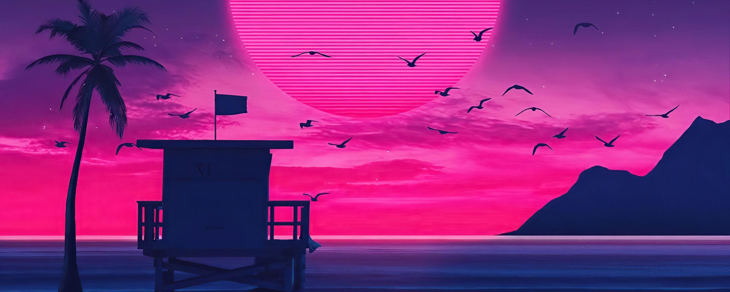2560x1024 Beach Retro Wave 2560x1024 Resolution Wallpaper, HD