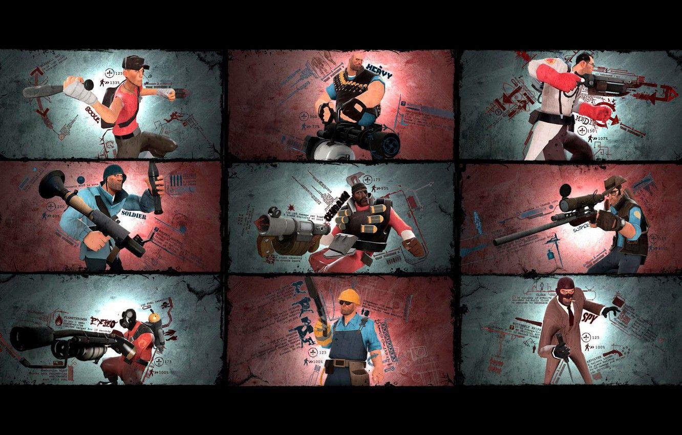 1332x850 Wallpaper Soldiers, Team Fortress Medic, characters, Sniper, Scout, Sniper, Soldier, characters, Heavy, Pyro, Spy, Engineer, Demoman, Spy, Gunner image for desktop, section игры