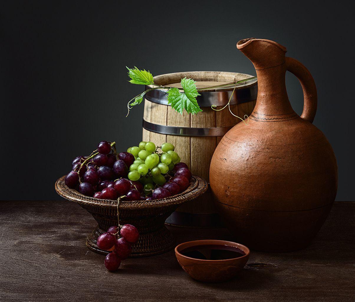 1204x1024 Desktop Wallpaper Wine Cask Jugs Grapes Food Still Life