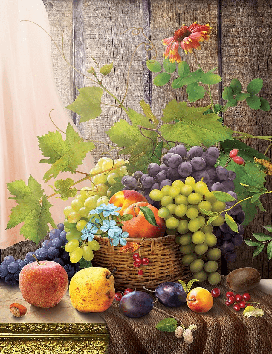 910x1185 HD wallpaper: variety of fruit painting, basket, food, vine, a