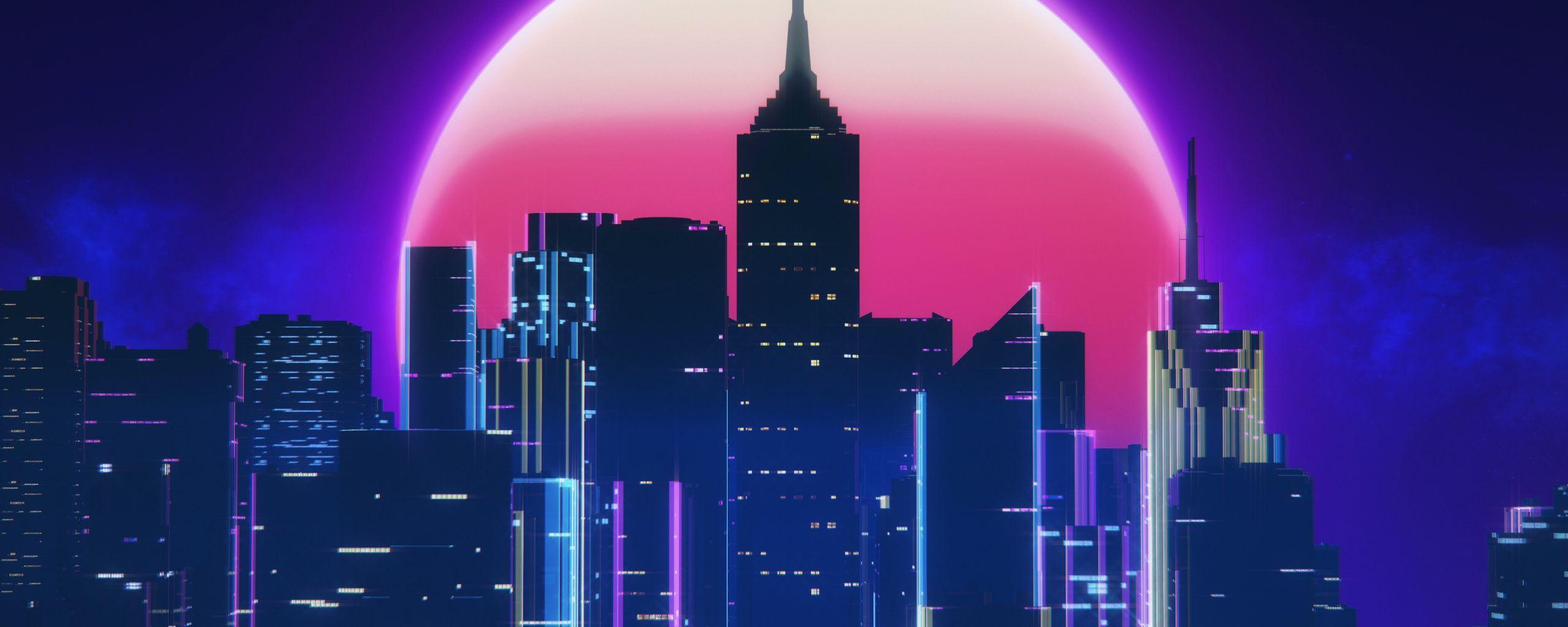2560x1024 Download Retro, Neon, cityscape, digital art wallpaper, 2560x1024