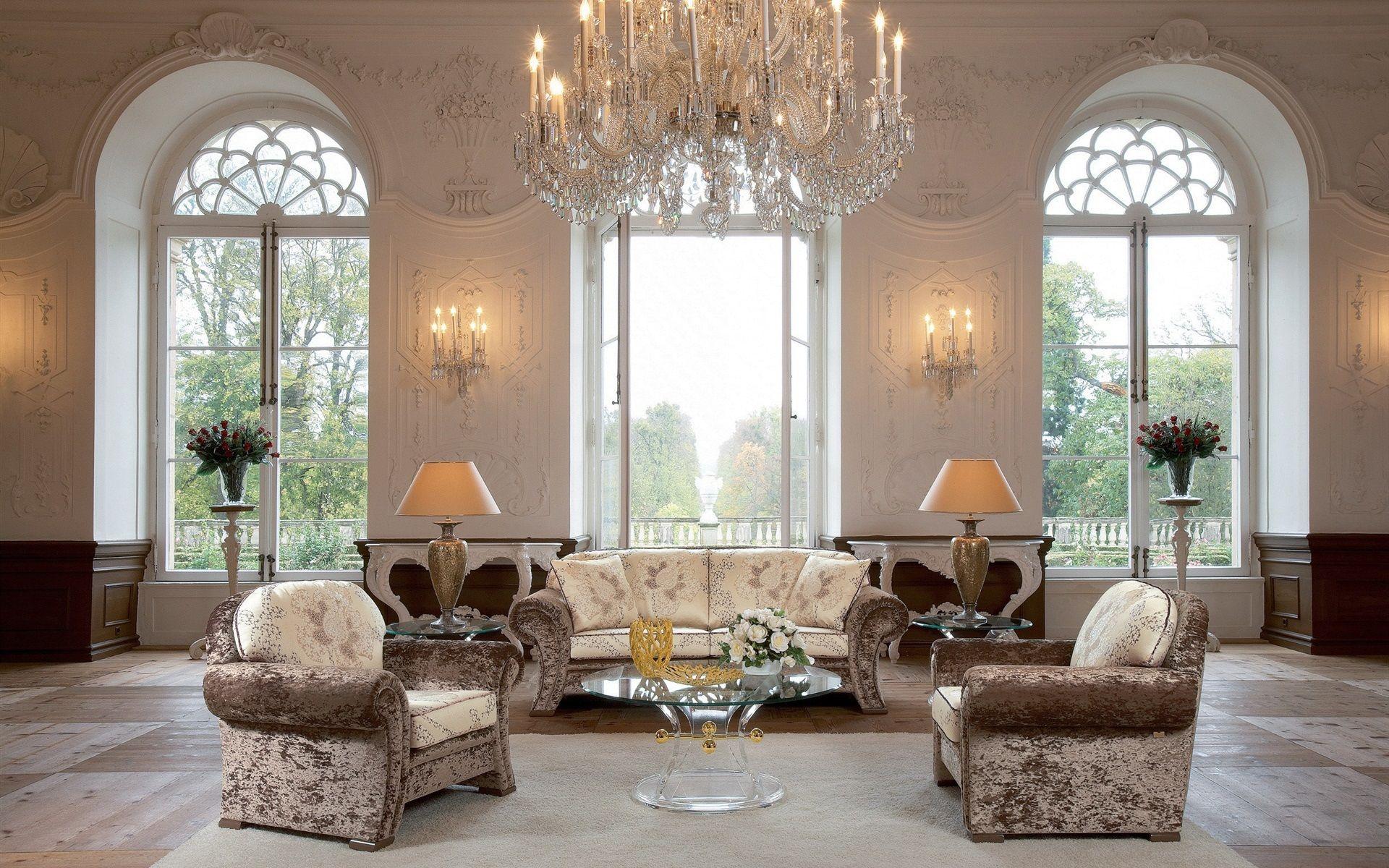 1920x1200 Wallpaper Castle style, living room, sofa, lights, interior design