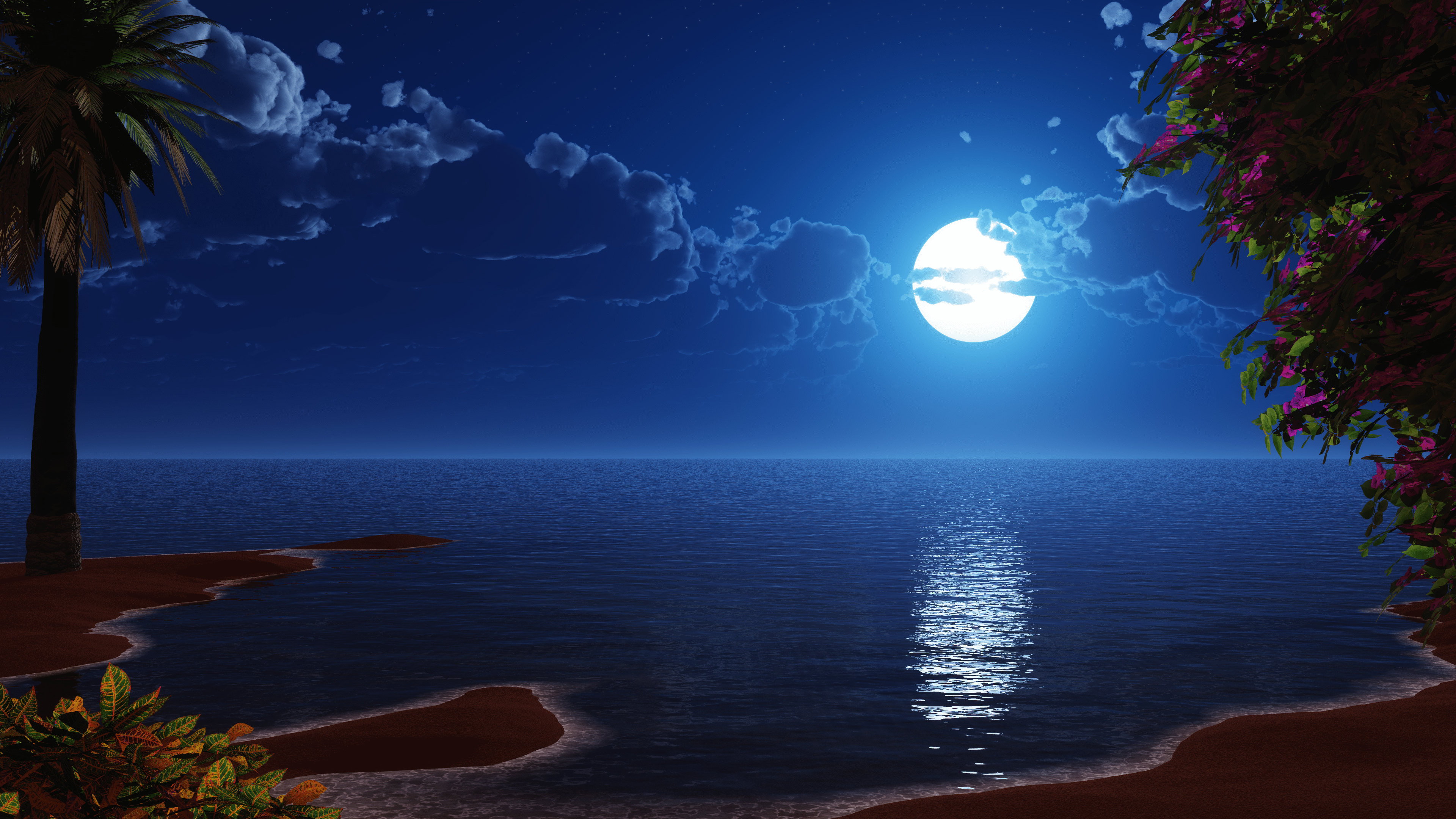 3840x2160 Wallpaper Tropical, Beach, Full moon, Scenery, 4K, Creative