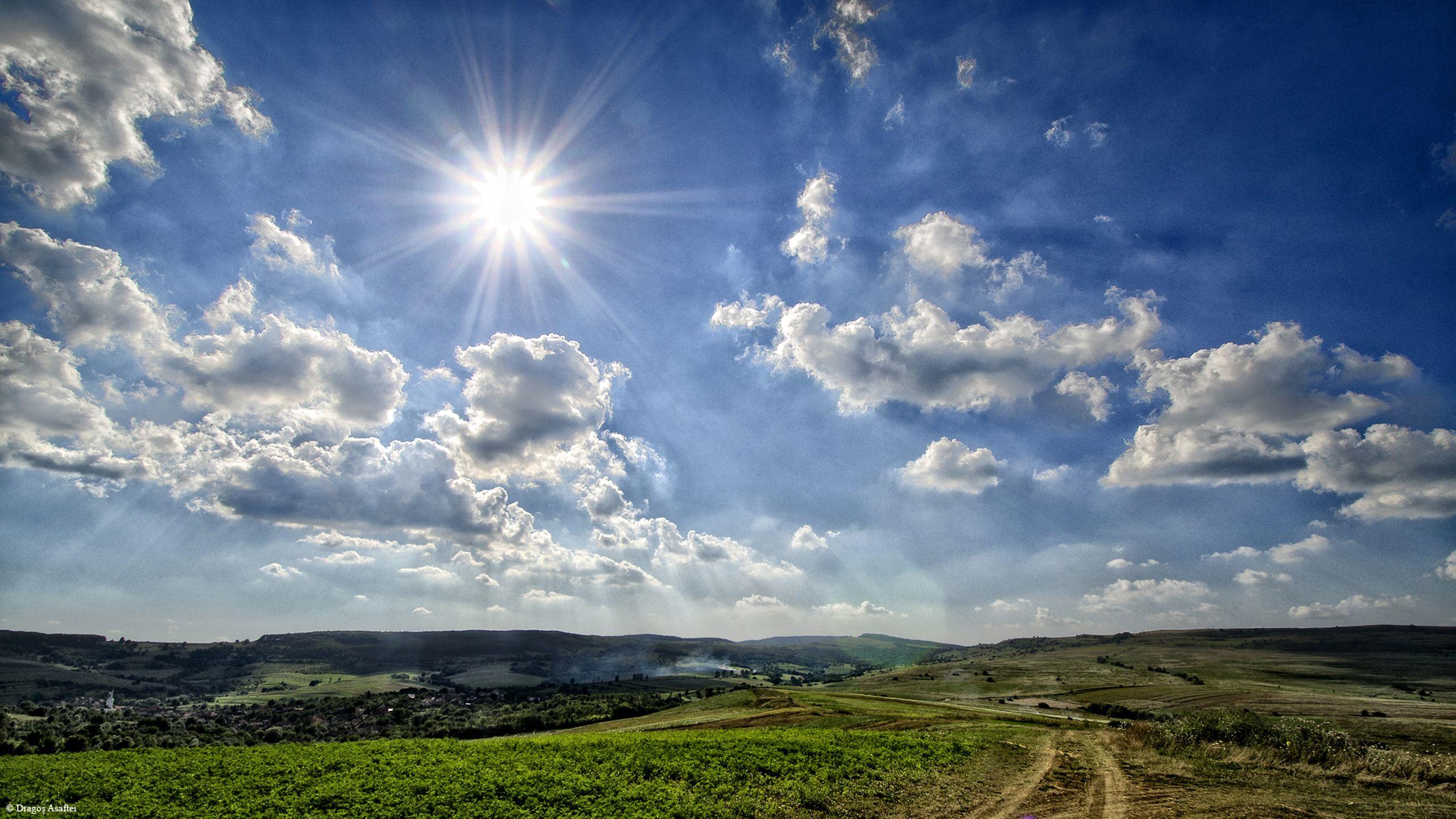 2560x1440 Field Country Road Sun, Blue Sky And White Clouds Wallpaper HD 065961 :