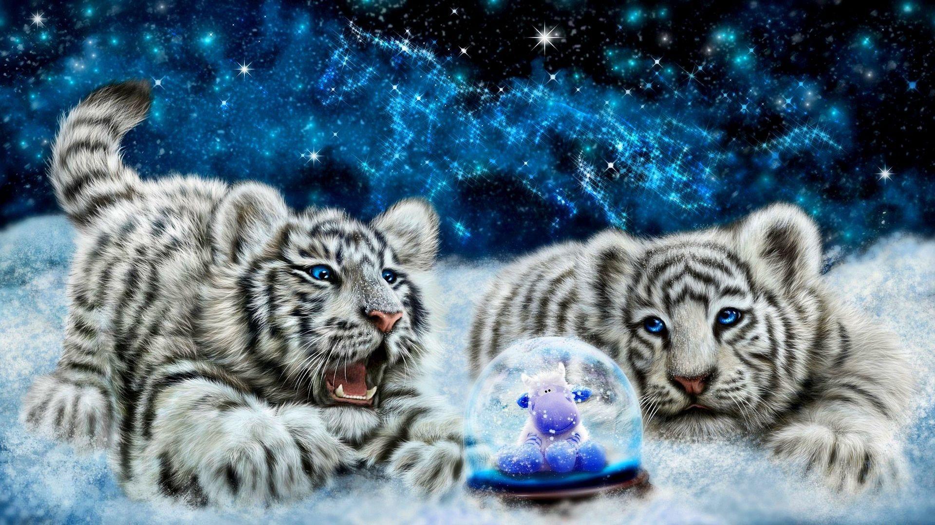 1920x1080 Snow Tigers Wallpaper