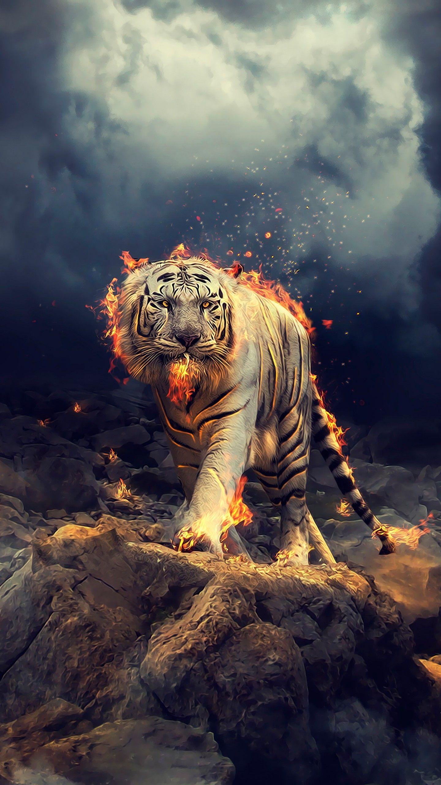 1440x2560 Wallpaper White Tiger, Fire, CGI, HD, Animals / Editor's Picks