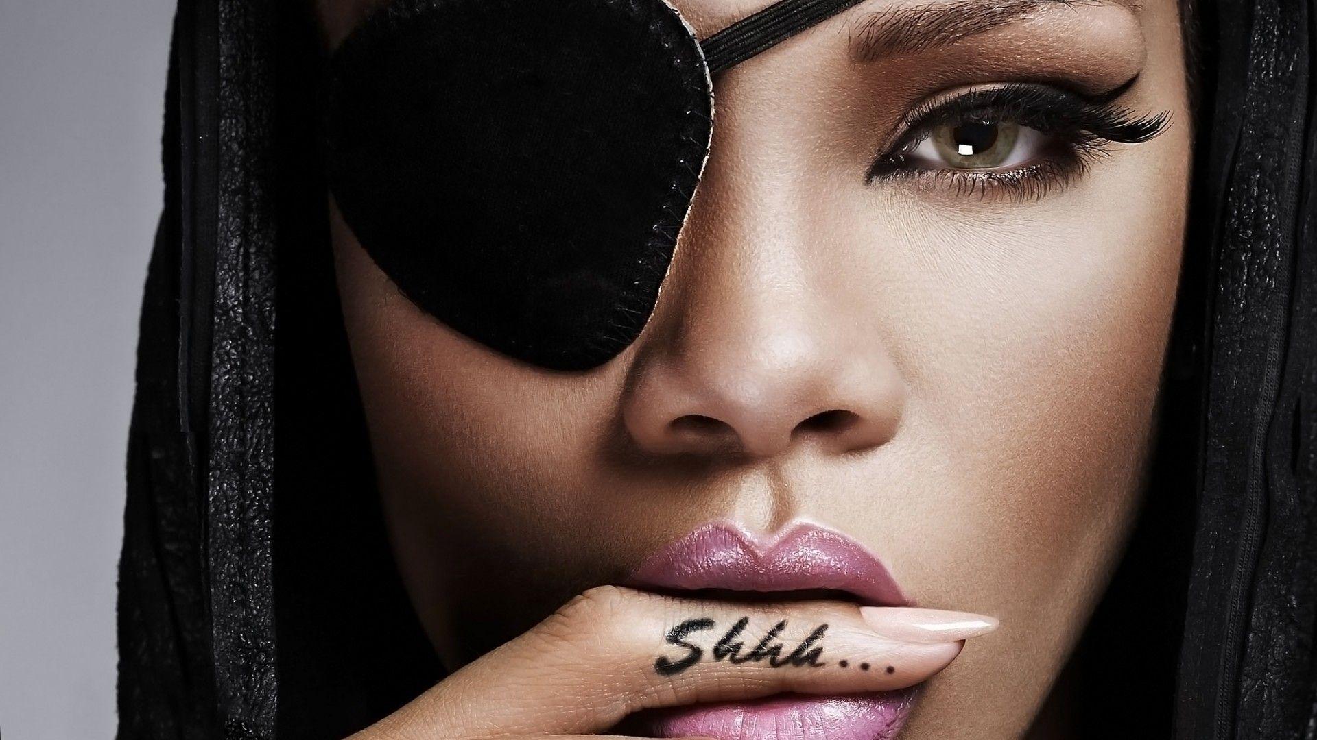 1920x1080 closeup, makeup, shhh, tattoo, eyepatch, singer, Rihanna wallpaper