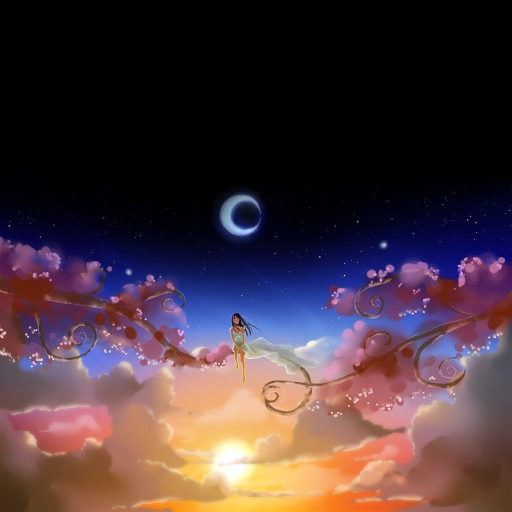 1024x1024 Anime Girl Dream Moon iPad Air Wallpaper Free Download