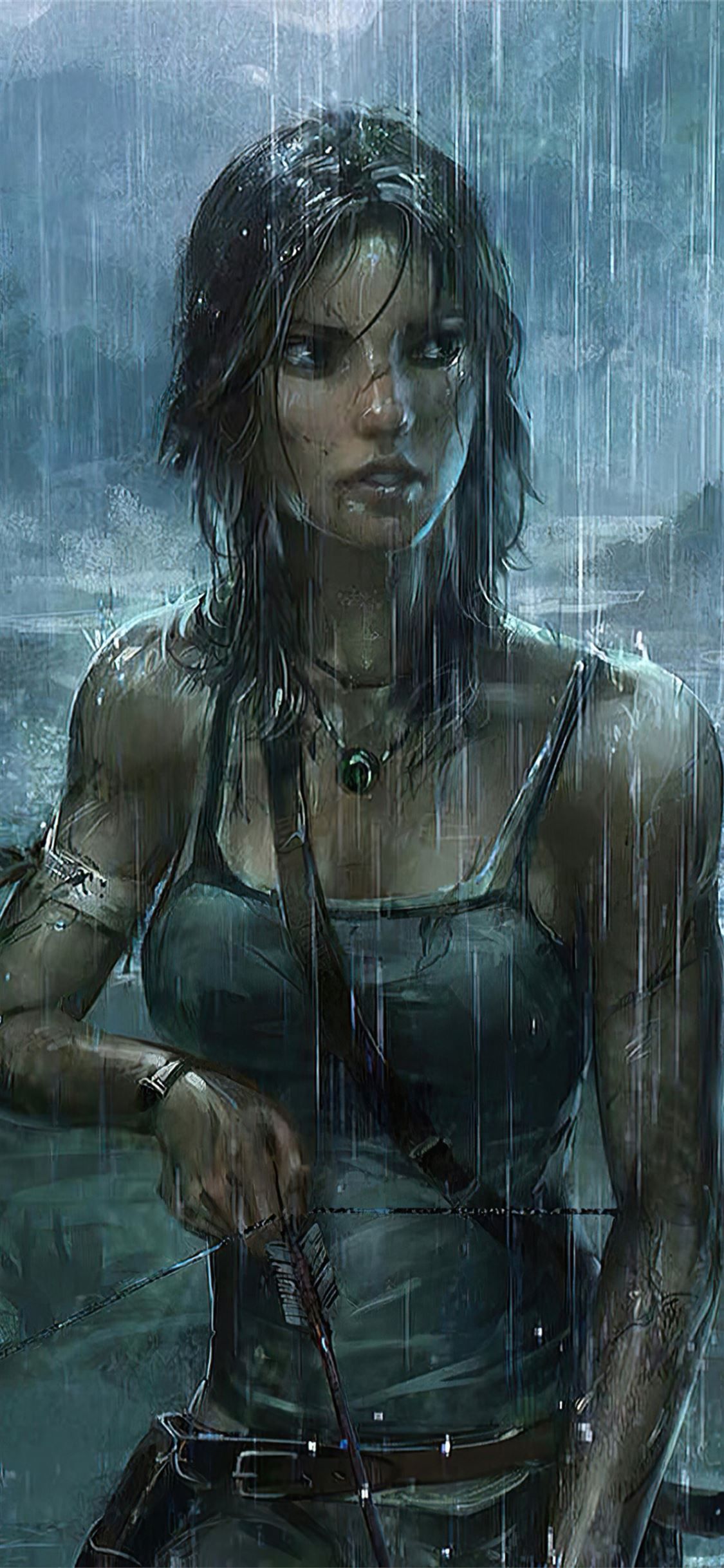 1125x2436 lara croft tomb raider rain weather 4k iPhone X Wallpaper Free Download