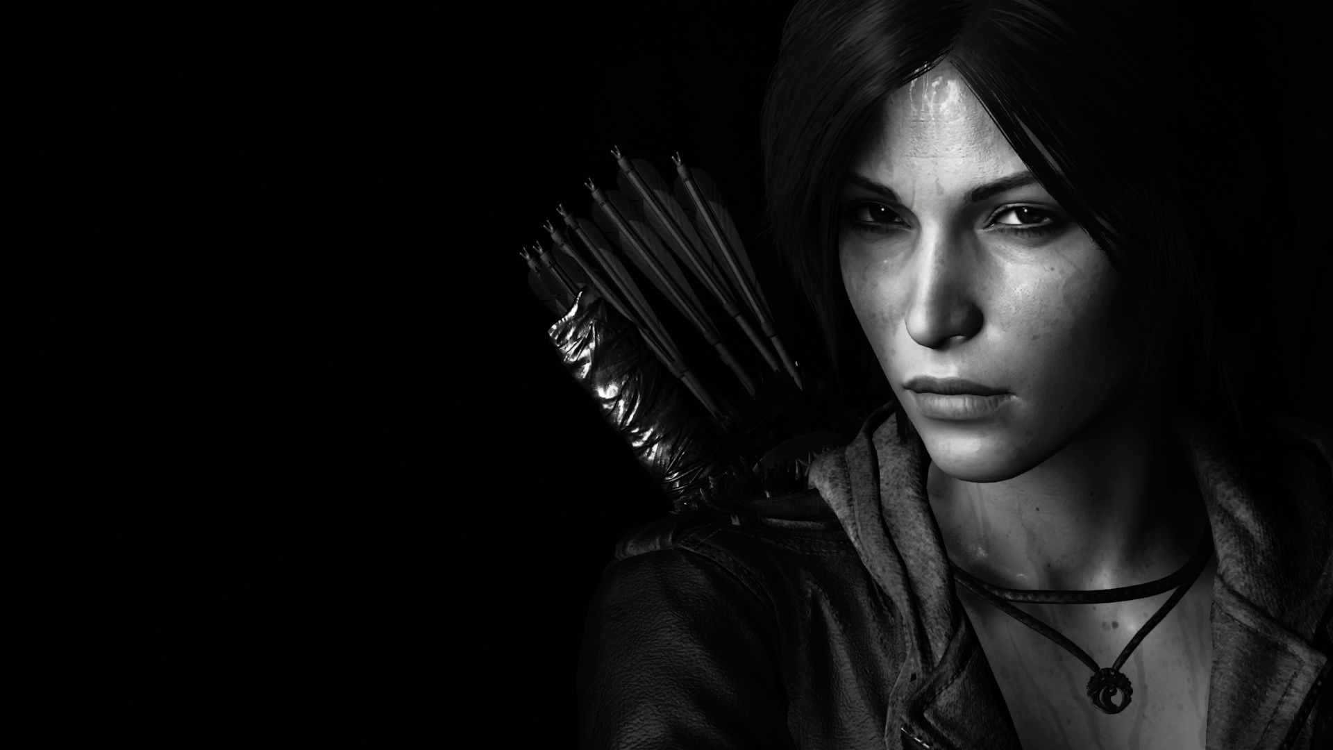 1920x1080 Wallpaper Tomb Raider, face, black and white, look, Lara Croft, bow, arrows, dark hair for mobile and desktop, section игры, resolution 1920x1080