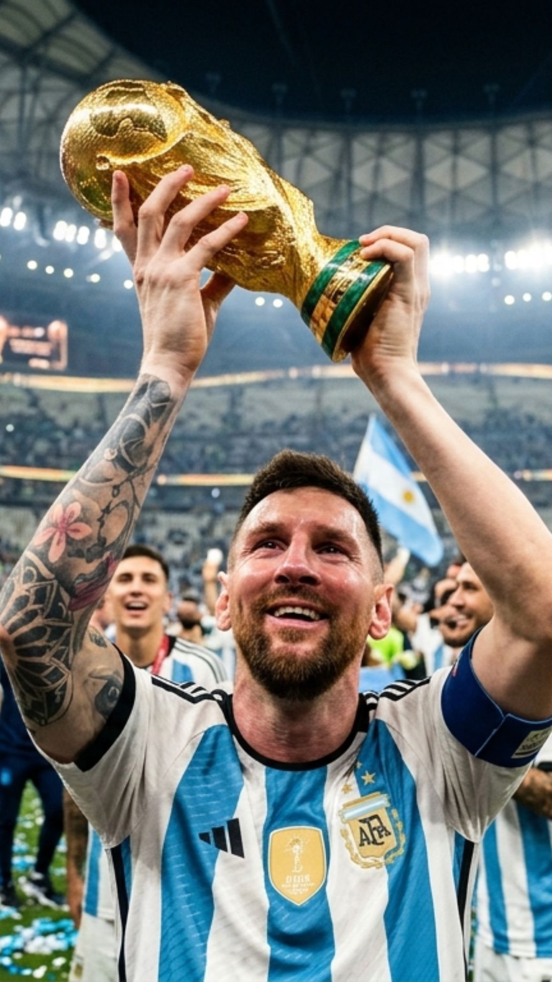 1080x1920 collage of Lionel Messi career moments Barcelona era Argentina World Cup win Inter Miami kit HD Messi Wallpaper