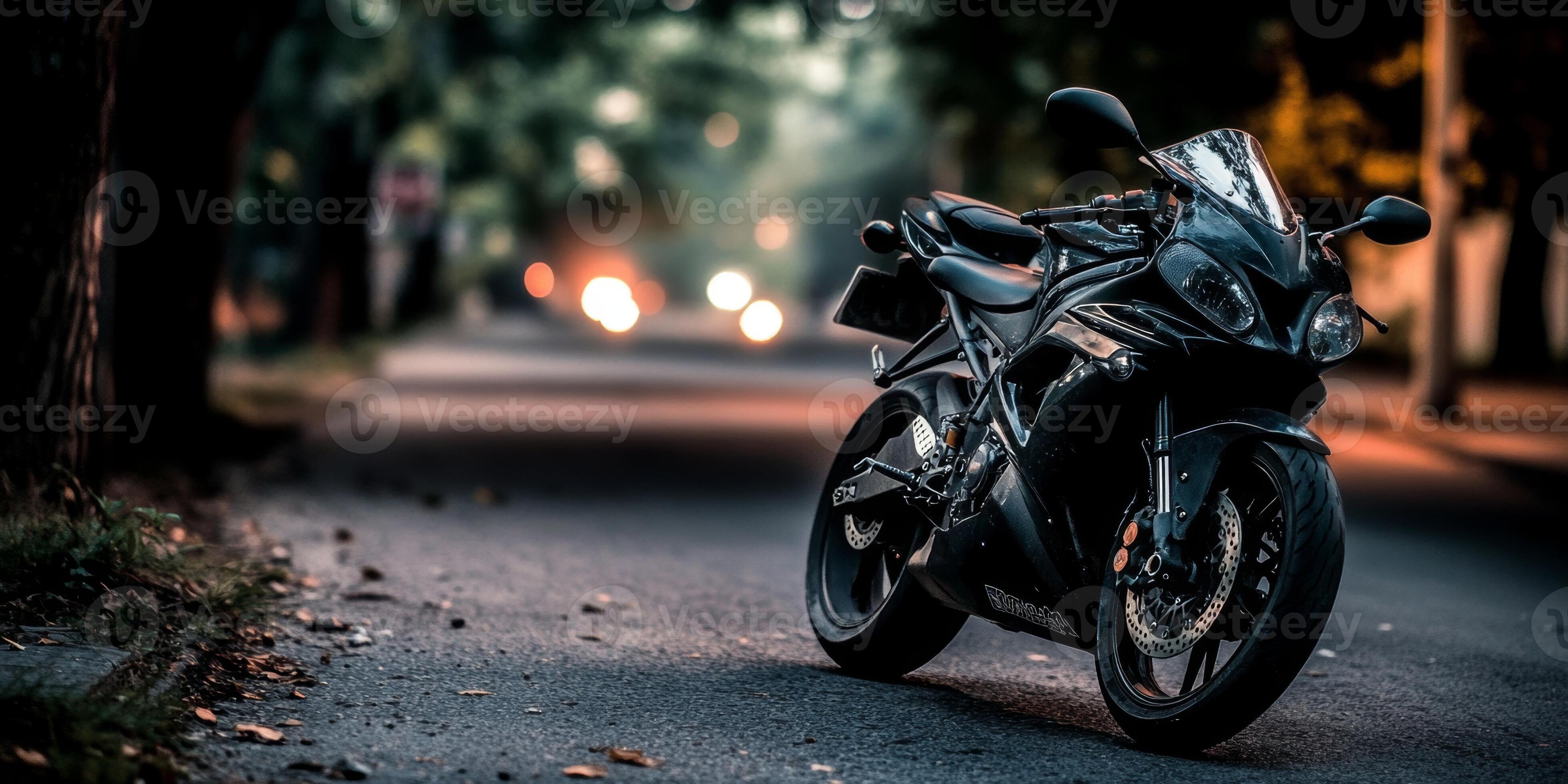 3920x1960 Sport motorcycle parked on a quiet street during twilight with warm bokeh lights in the background