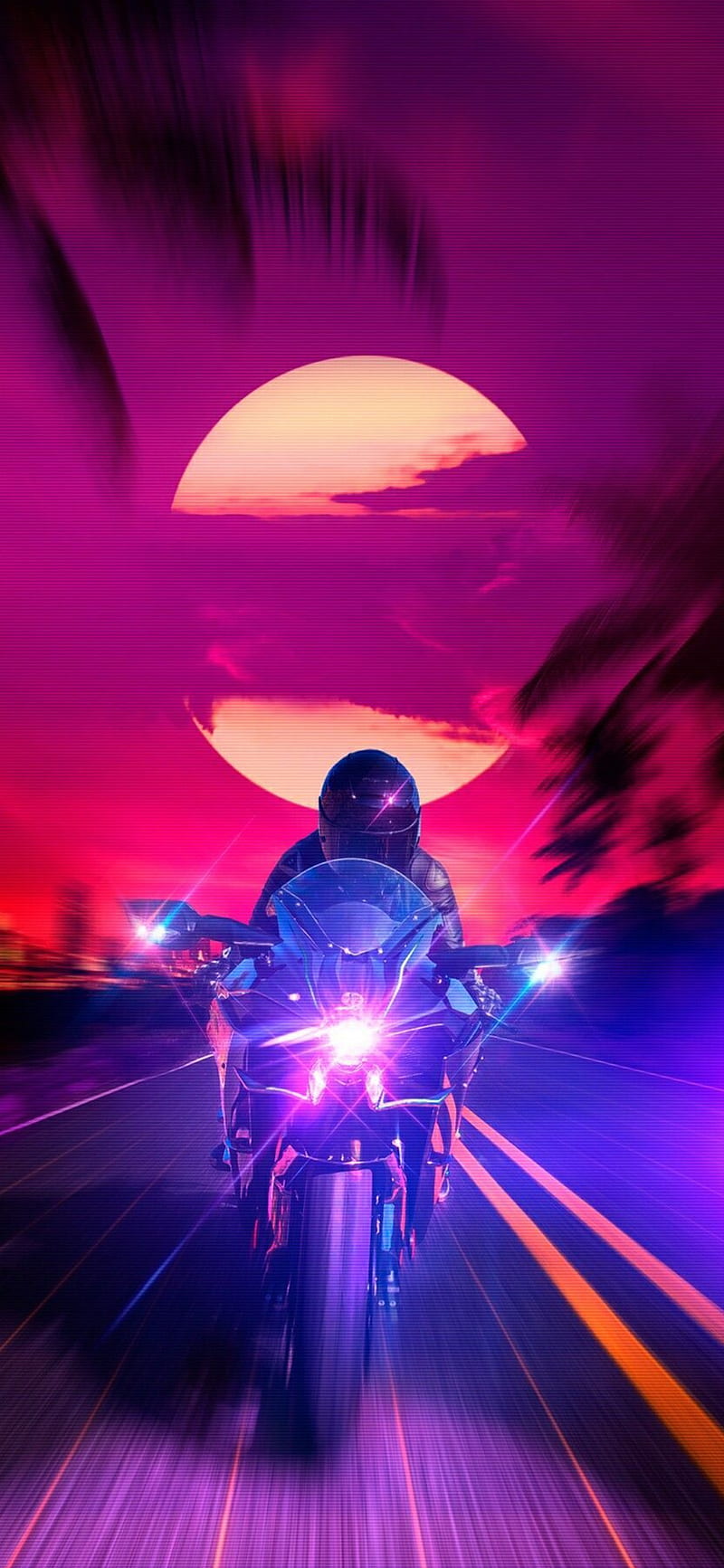 800x1733 Retro, 80s, motorcycle, night, purple, road, HD phone wallpaper