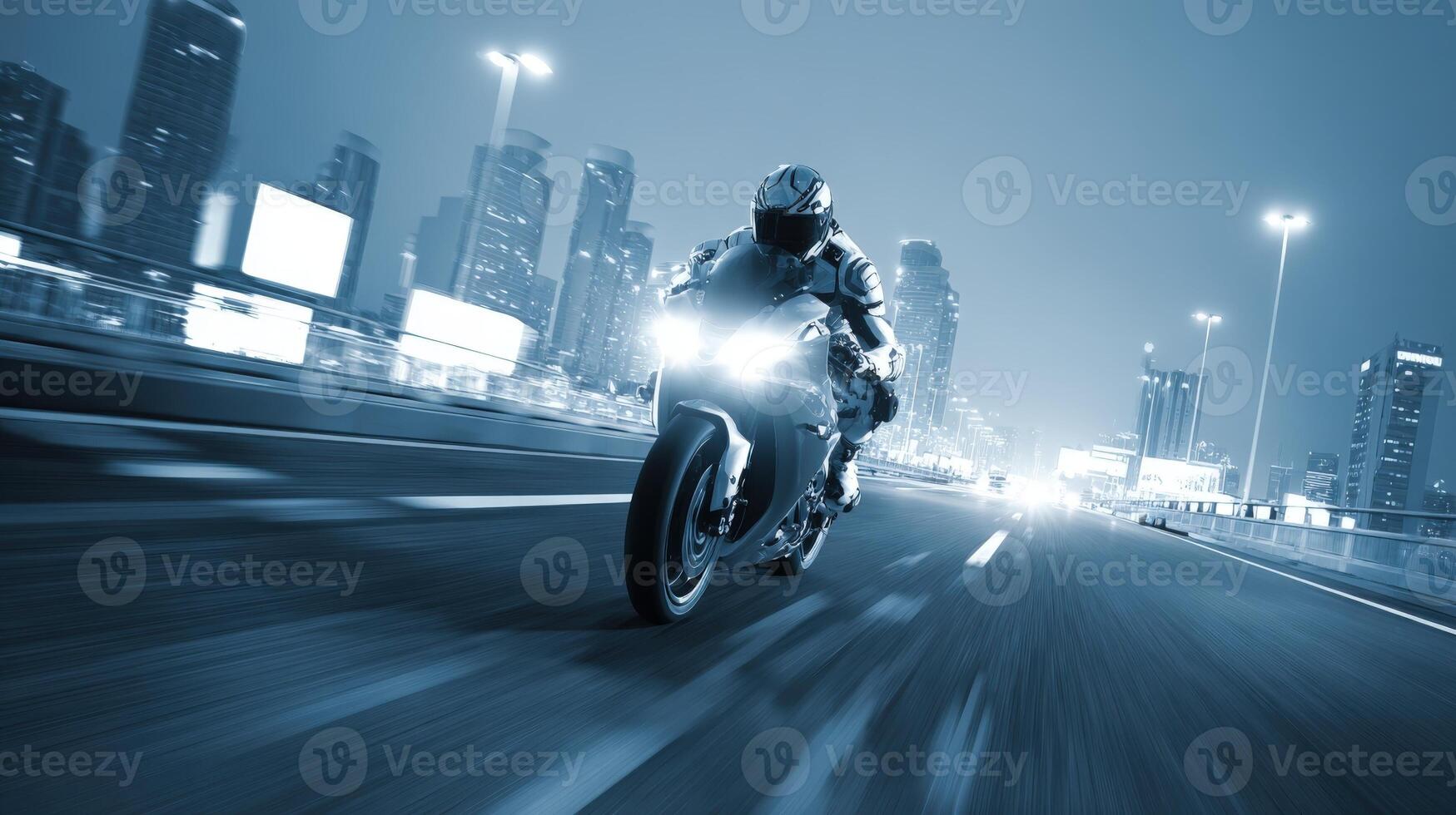 1749x980 Motorcycle Riding Fast on Highway at Night with Cityscape Background in Motion Blur
