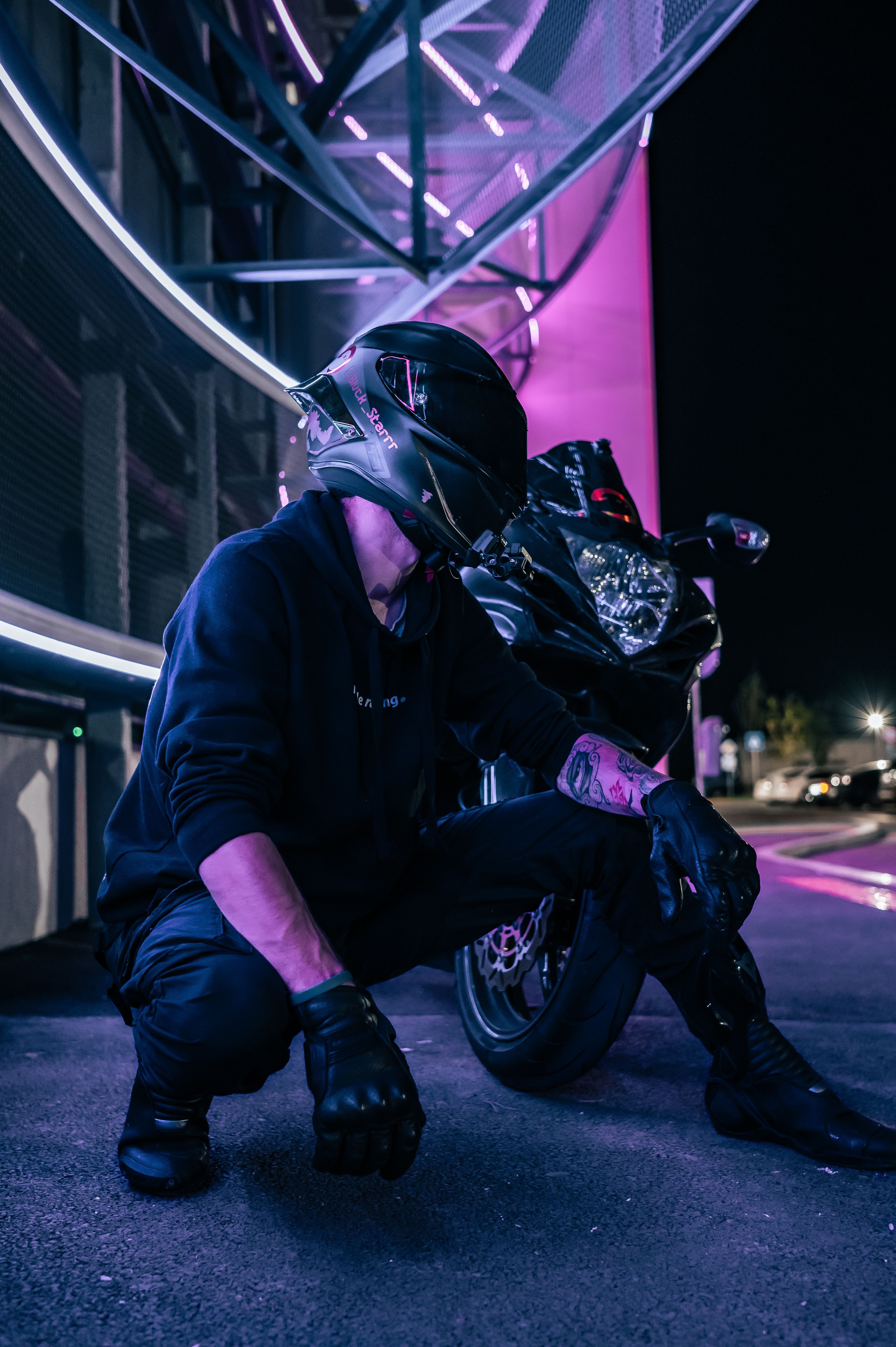 4024x6048 Mysterious Biker Posing Under Neon Lights at Night · Free