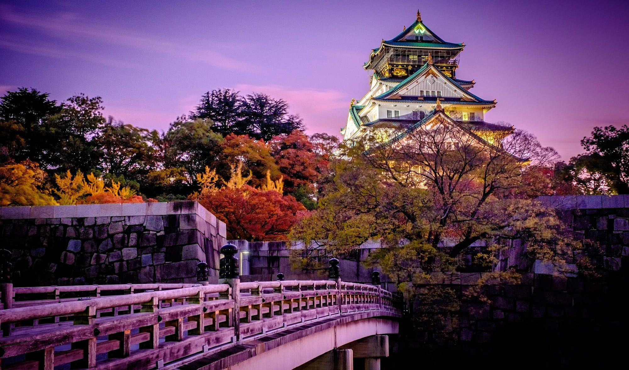 2000x1176 Wallpaper trees, sunset, bridge, the city, castle, Japan, garden, Osaka for mobile and desktop, section город, resolution 2000x1176